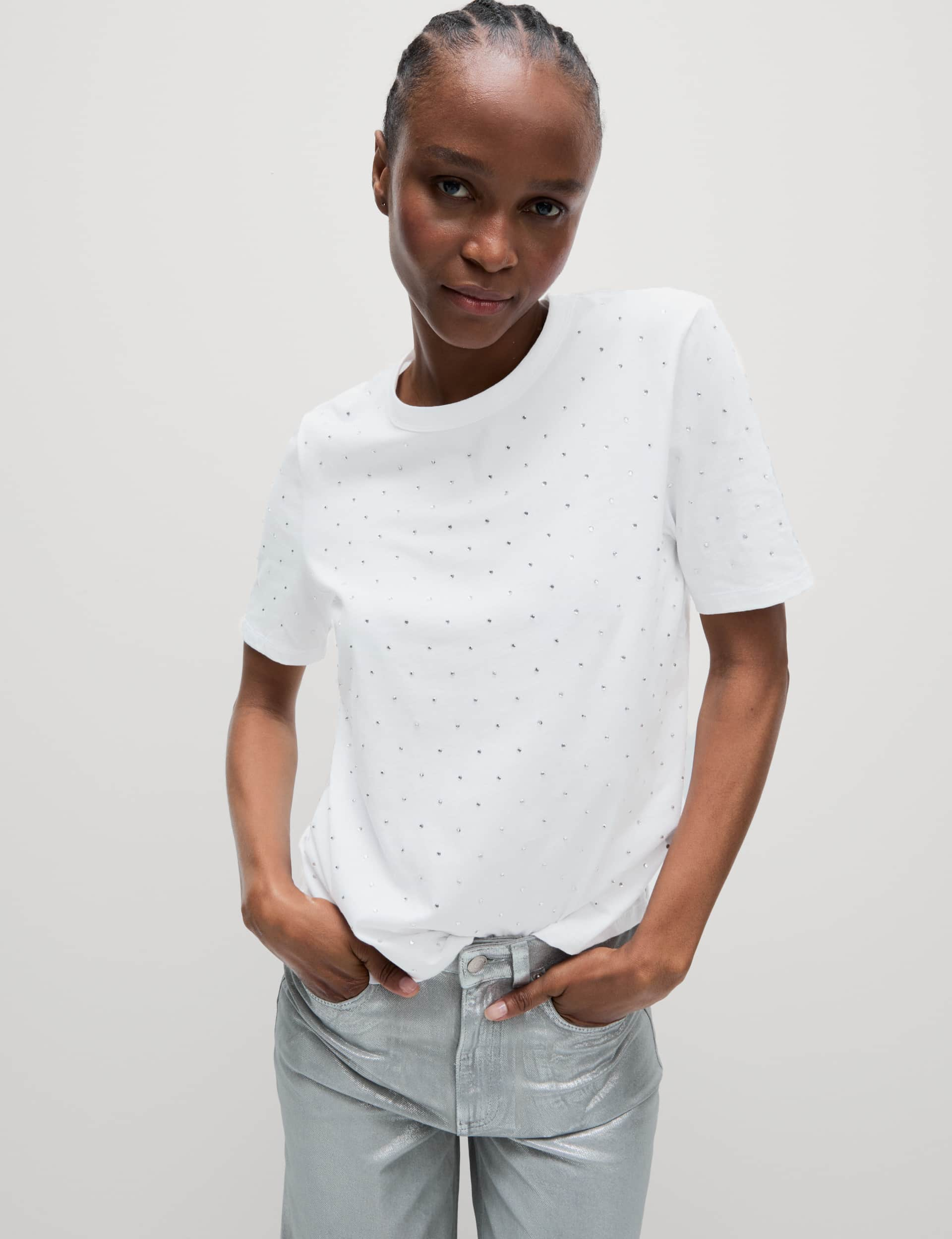 M&S Women's Pure Cotton Embellished T-Shirt - 14 - White, White,Black