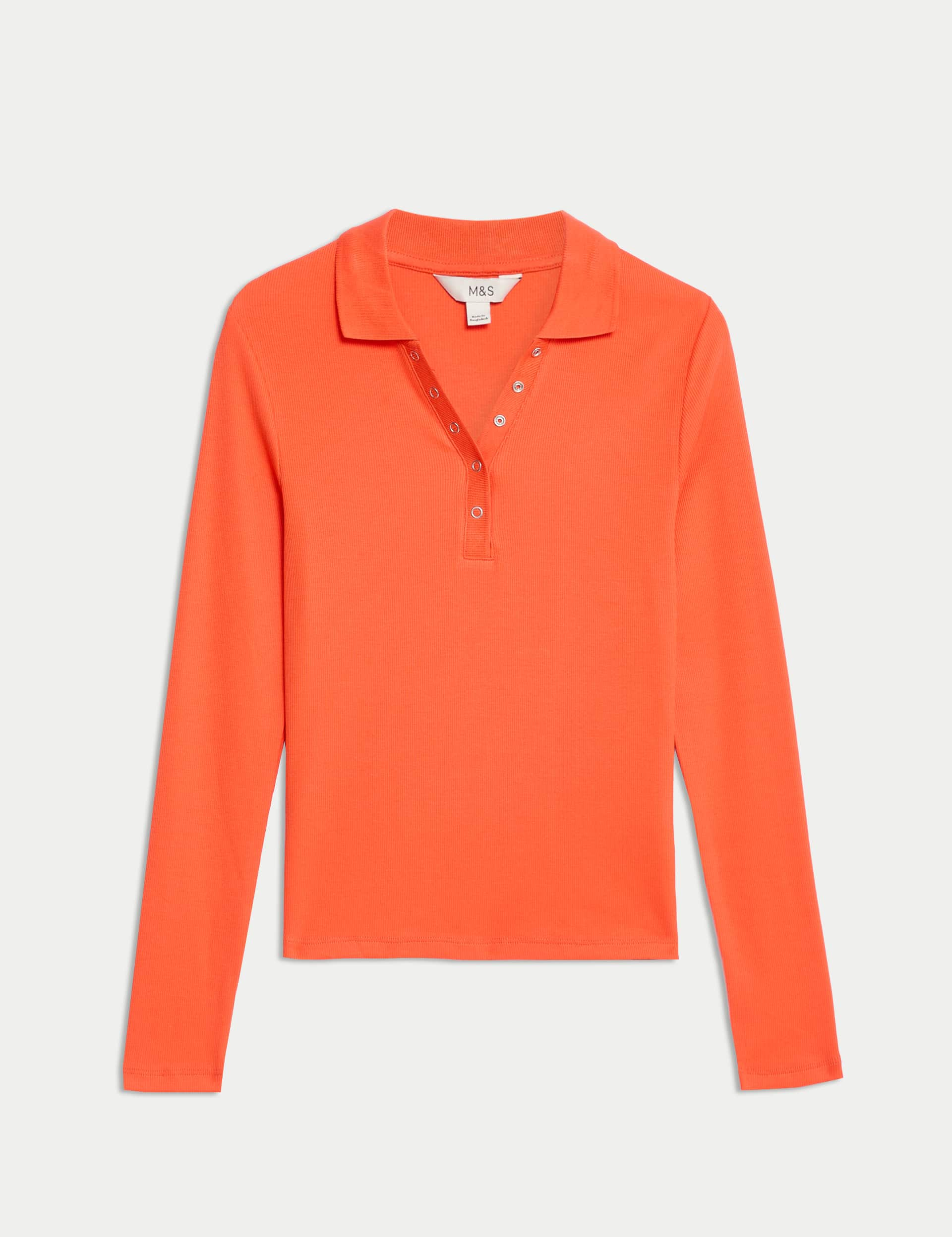 M&S Women's Cotton Rich Ribbed Collared Polo Top - 14 - Bright Orange, Bright Orange,Light Natural