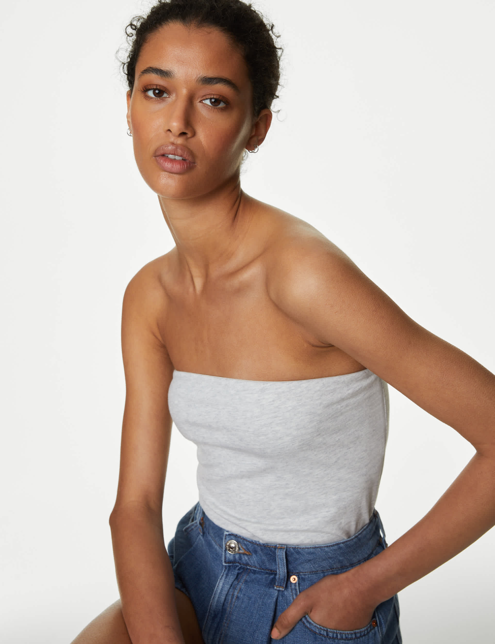 M&S Women's Cotton Rich Bandeau Top - L - Grey Marl, Grey Marl