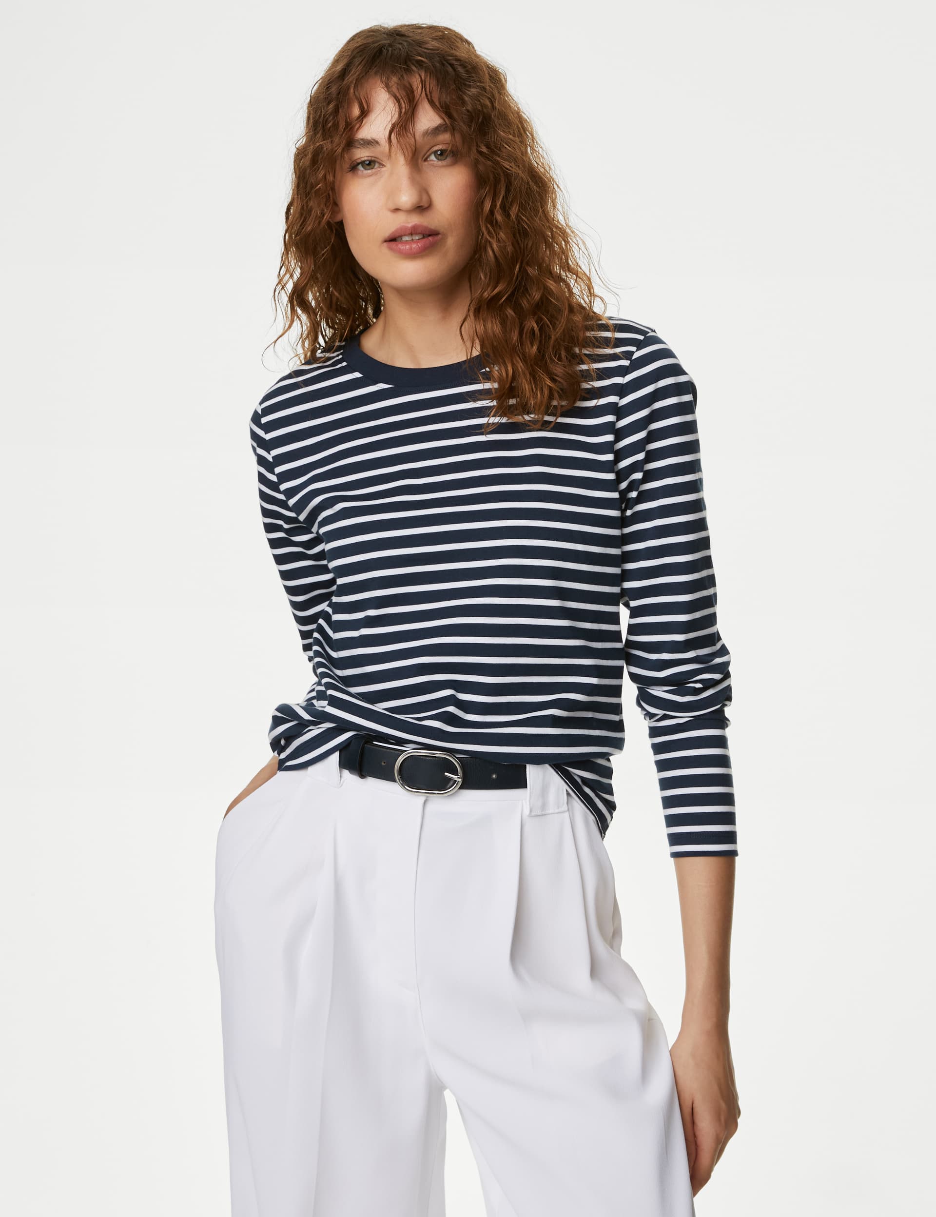 M&S Women's Pure Cotton Striped Crew Neck T-Shirt