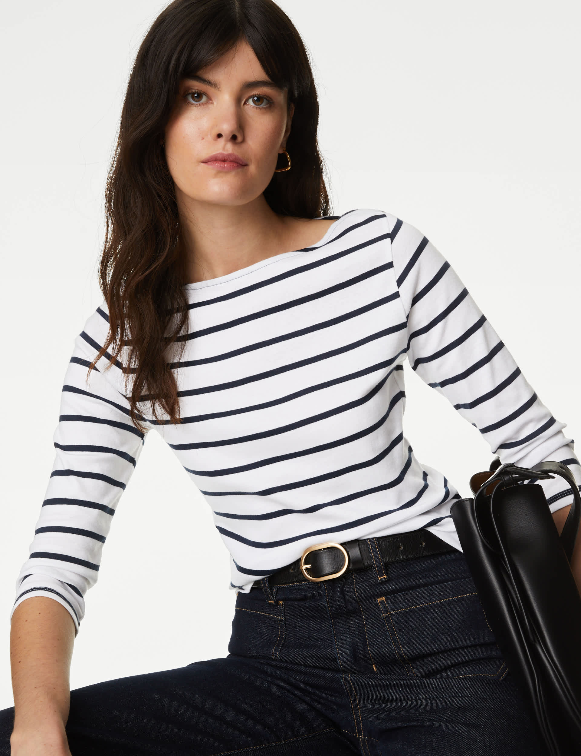 M&S Women's Pure Cotton Striped Slash Neck Slim Fit Top - 14 - White Mix, Dark Navy Mix,White Mix