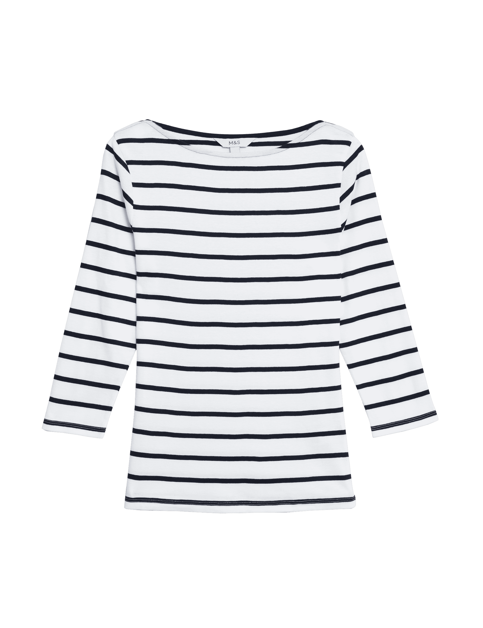 M&S Collection Women's Pure Cotton Striped Slash Neck Slim Fit Top - 14 - White Mix, Bright Red,Dark