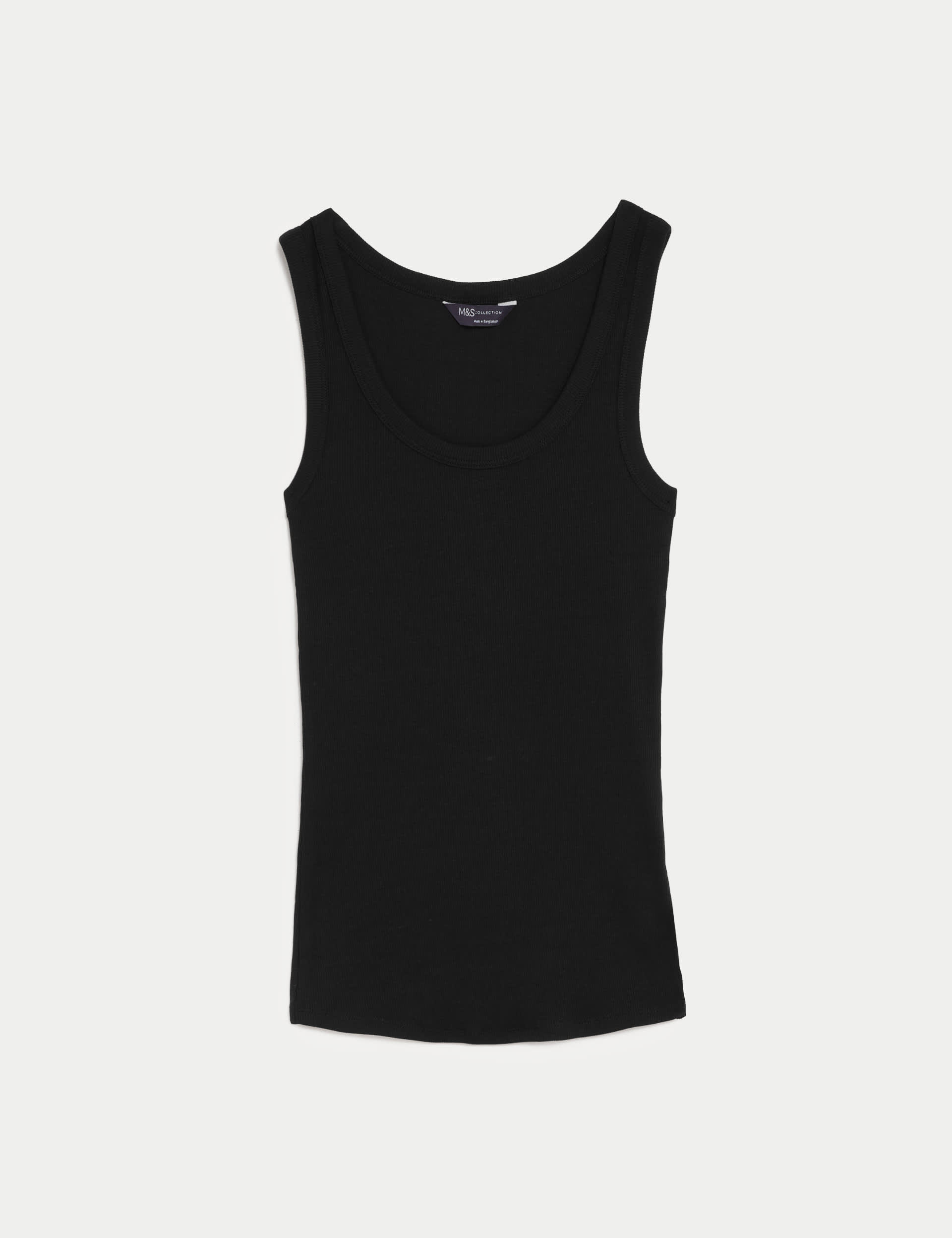 M&S Women's Cotton Rich Ribbed Slim Fit Vest Top - 22 - Black, Soft White,Black