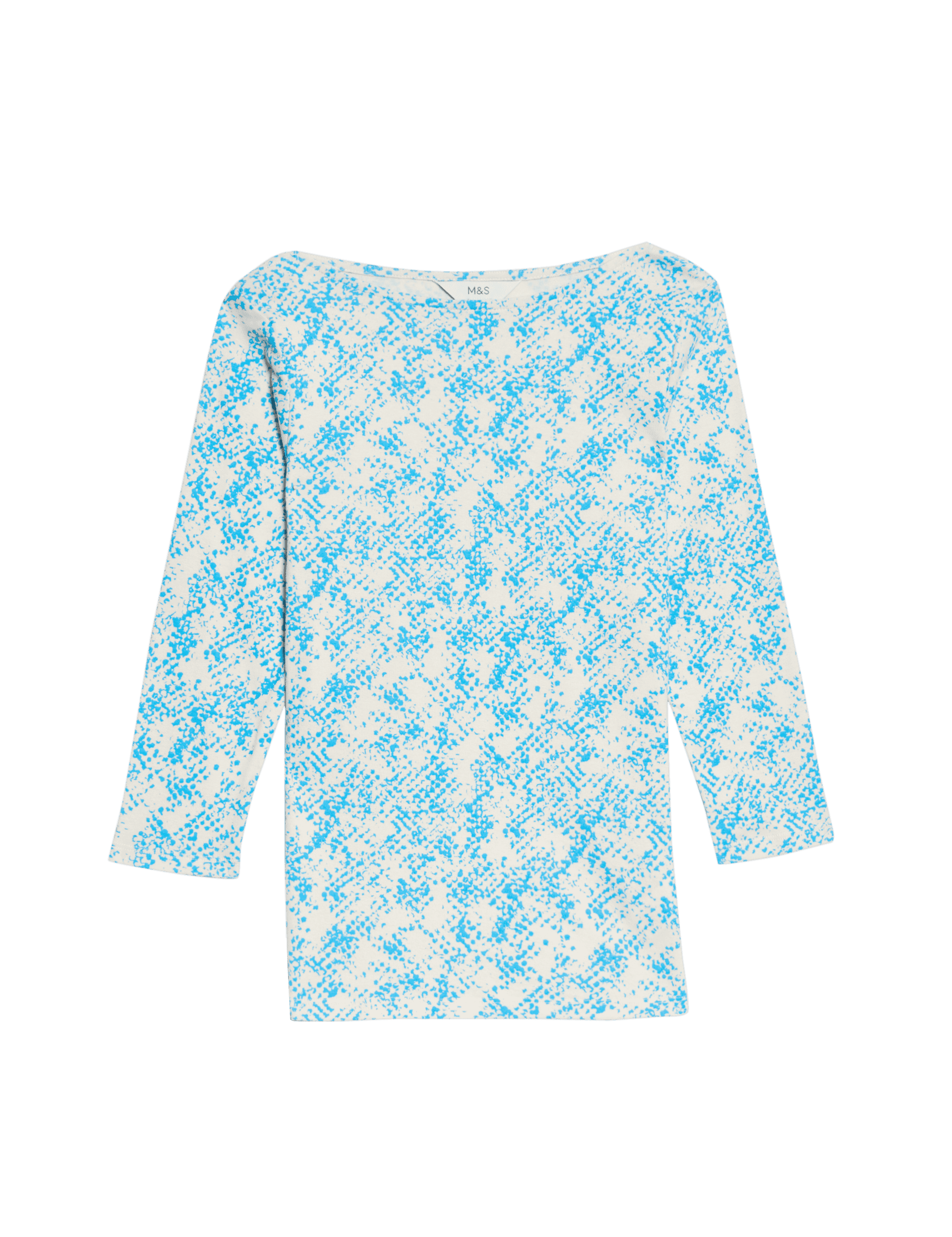 M&S Collection Women's Pure Cotton Printed Slim Fit Slash Neck Top - 14 - Blue Mix, Blue Mix