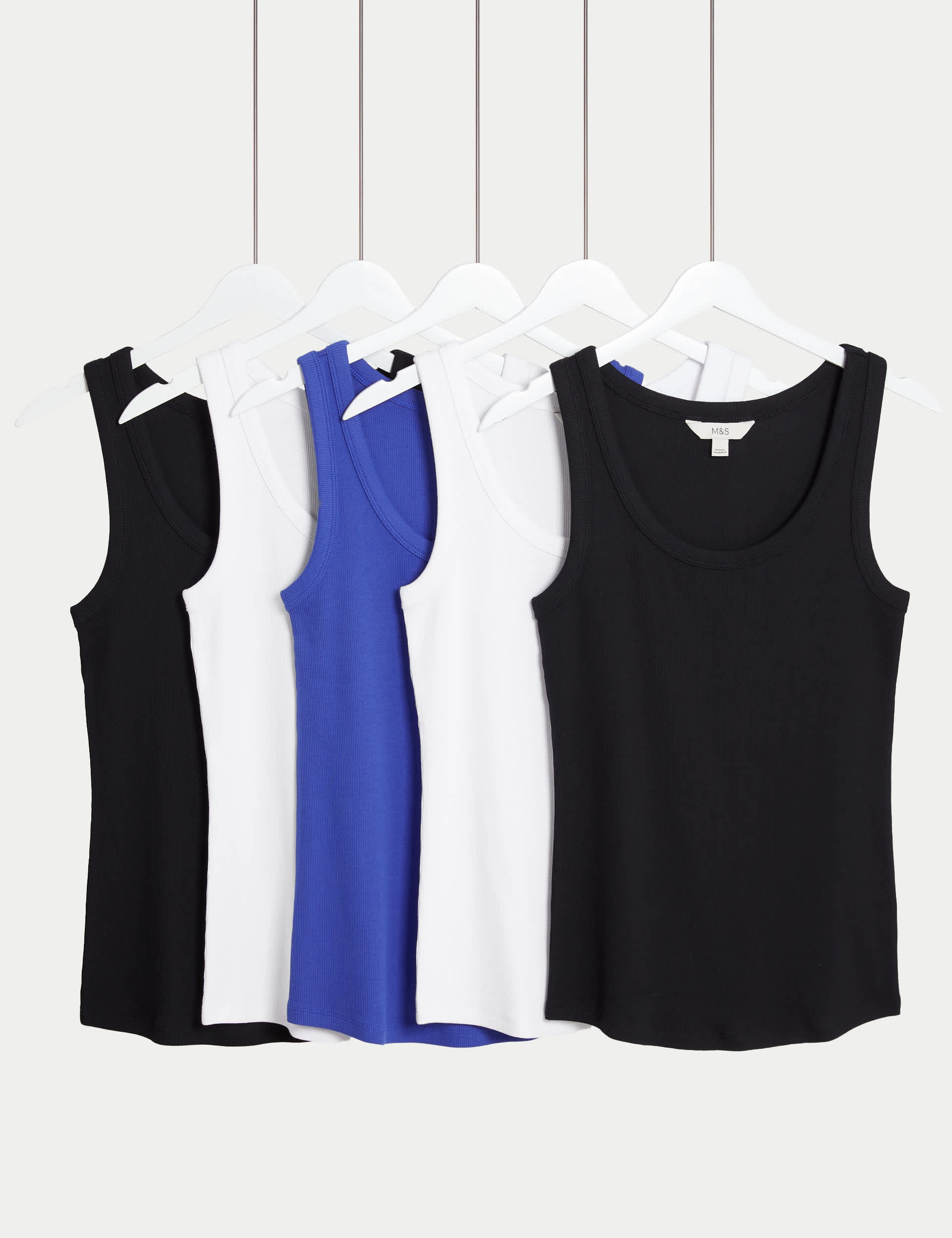 M&S Women's 5pk Cotton Rich Scoop Neck Vests - 12 - Blue/Black, Blue/Black