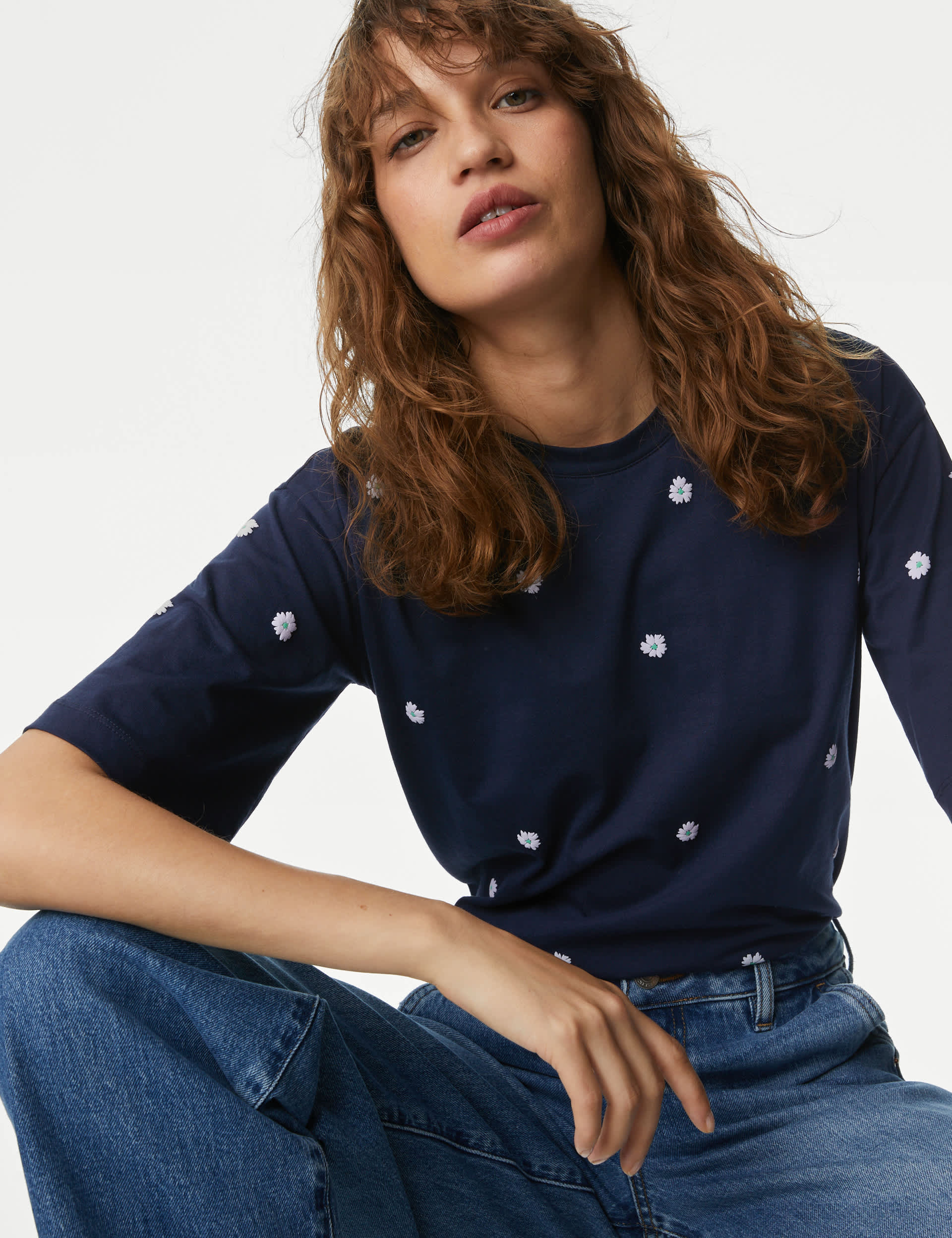 M&S Women's Pure Cotton Boxy Embroidered Floral T-Shirt