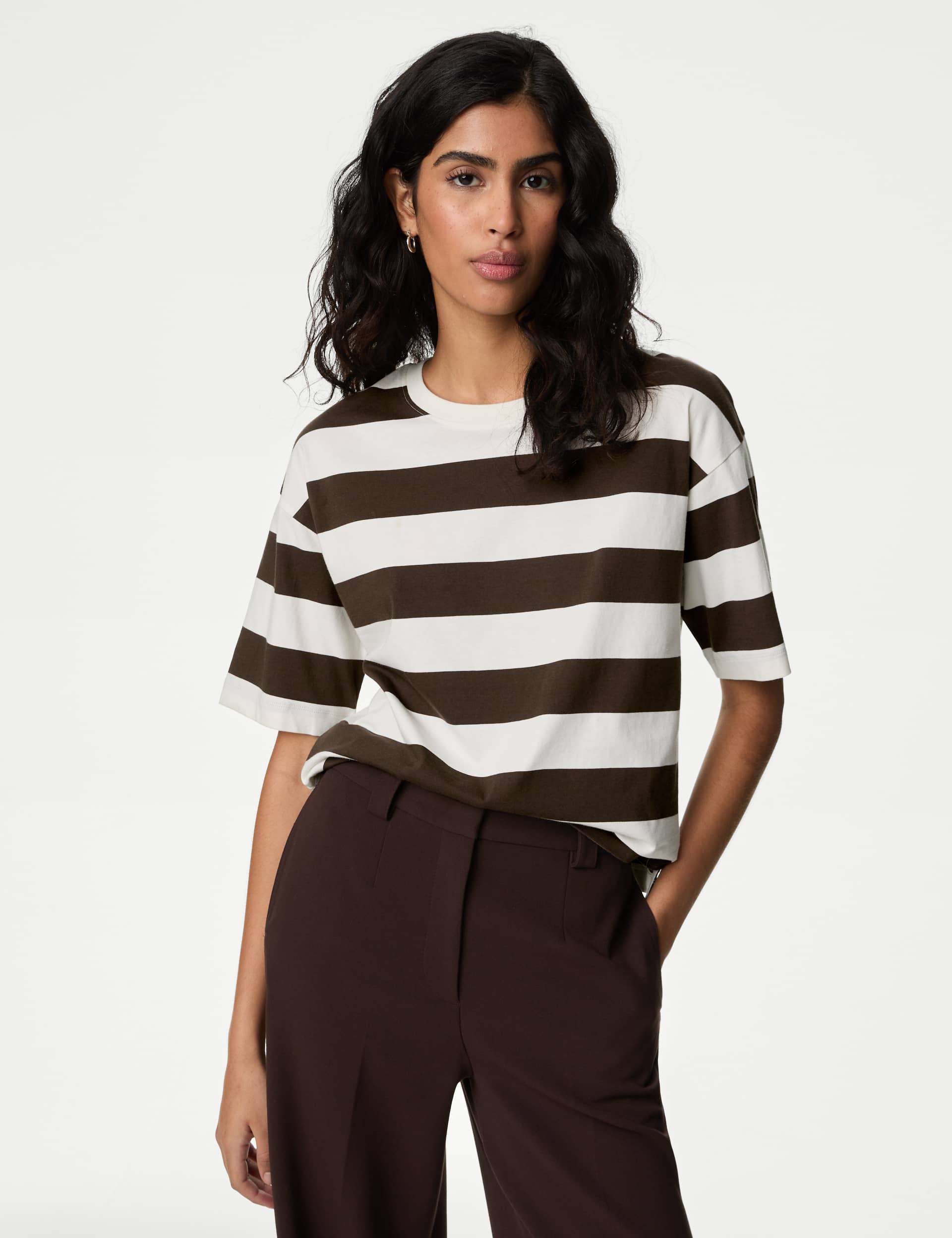 M&S Women's Pure Cotton Striped Boxy T-Shirt - 16 - Brown Mix, White Mix,Brown Mix,Blue Mix