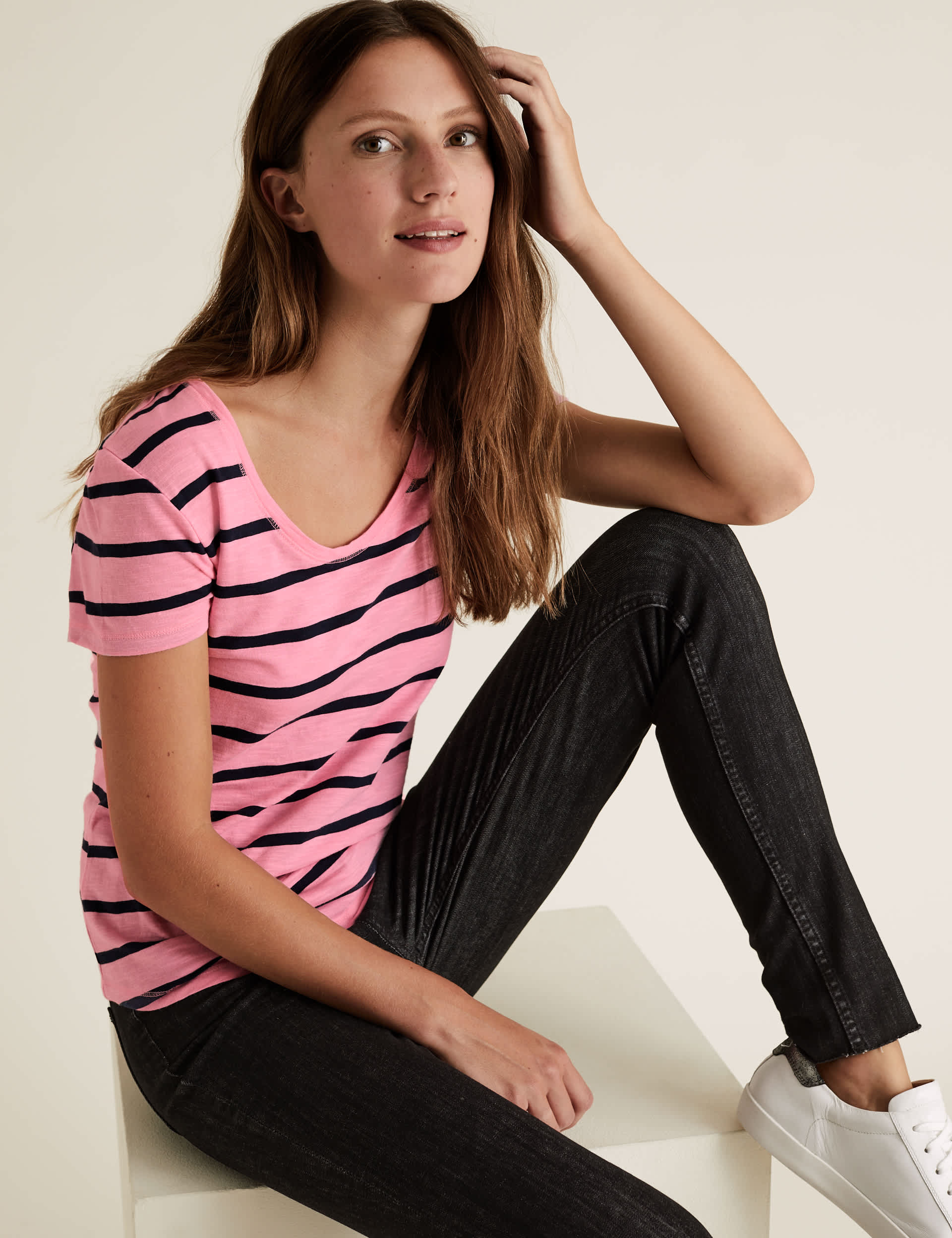 M&S Women's Pure Cotton Striped Scoop Neck T-Shirt - 8 - Pink Mix, Pink Mix