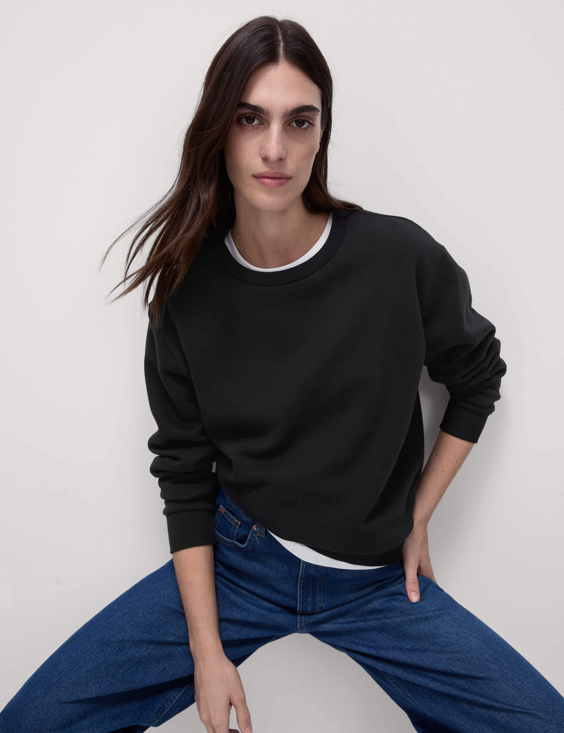 M&S Women's Cotton Rich Crew Neck Sweatshirt - Black, Black