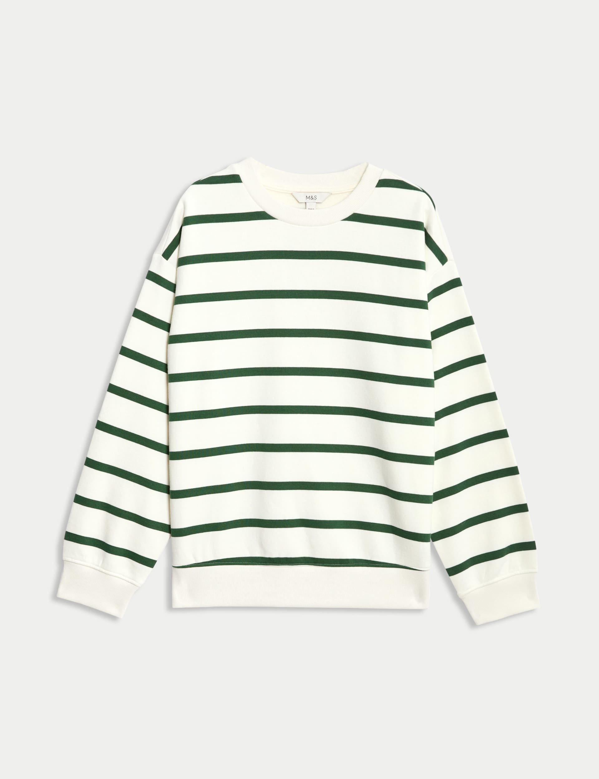 M&S Collection Women's Cotton Rich Striped Crew Neck Sweatshirt - M - Dark Green Mix, Dark Green Mix