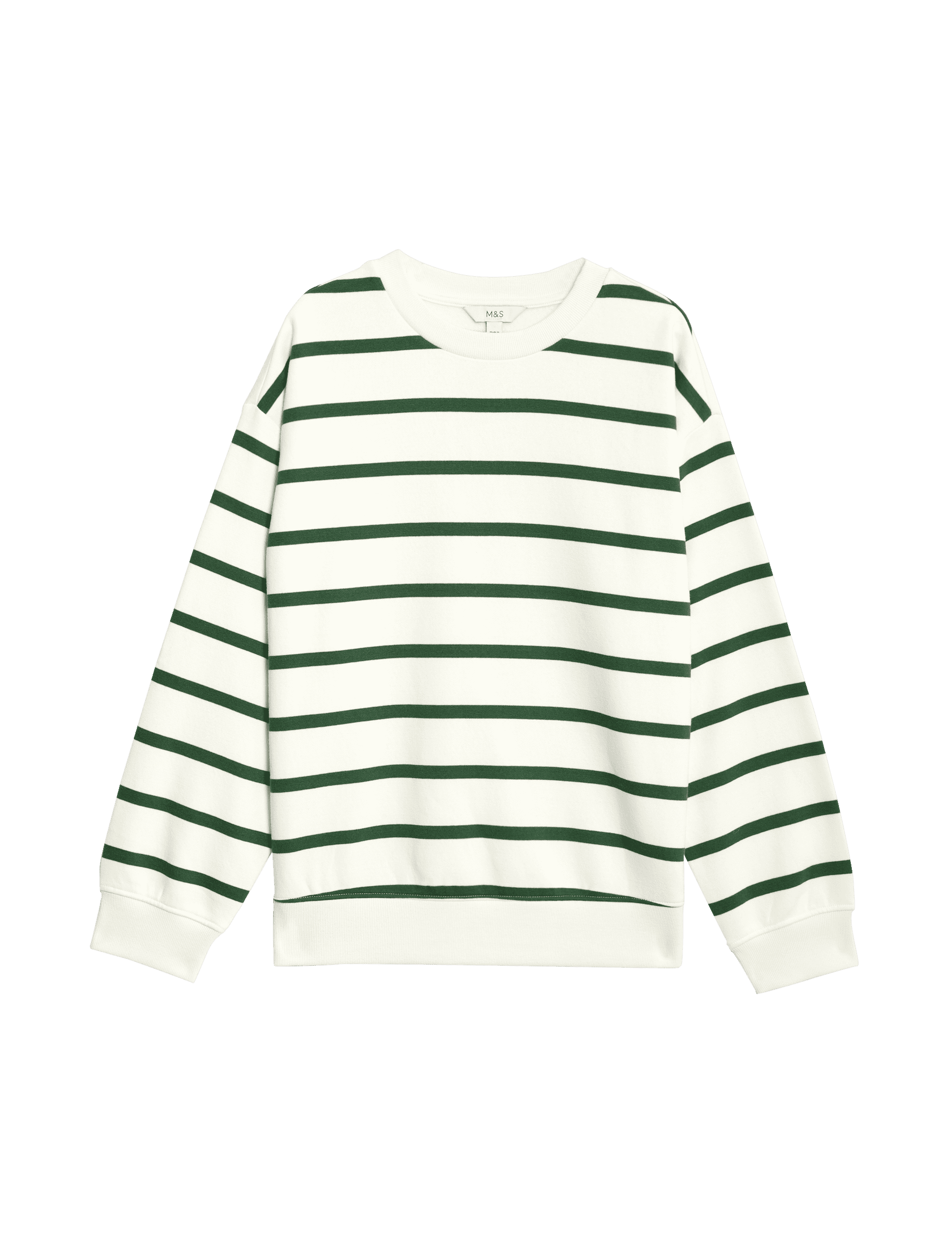 M&S Collection Women's Cotton Rich Striped Crew Neck Sweatshirt - M - Dark Green Mix, Dark Green Mix