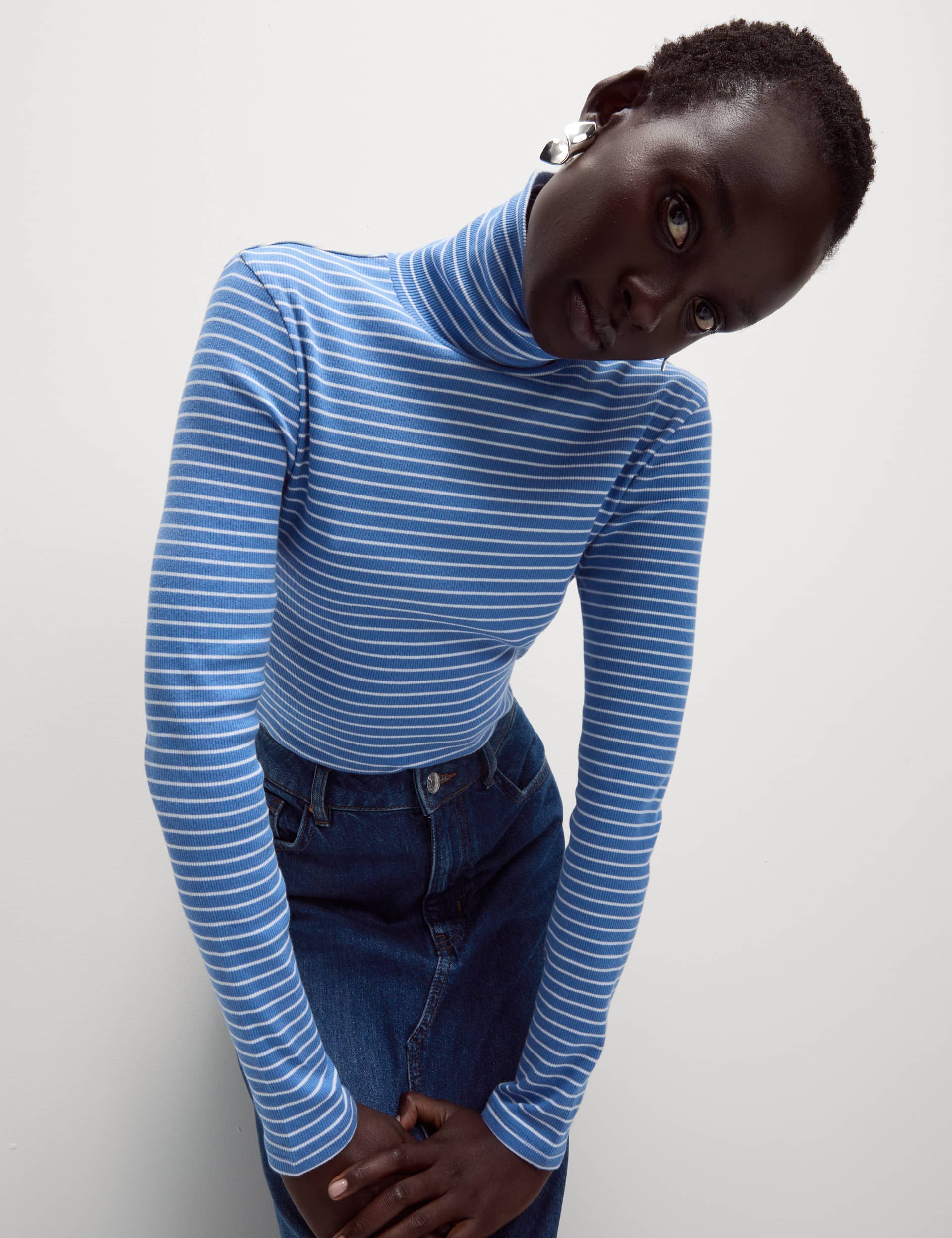 M&S Women's Cotton Rich Striped Funnel Neck Top - 12 - Blue Mix, Blue Mix,Brown Mix