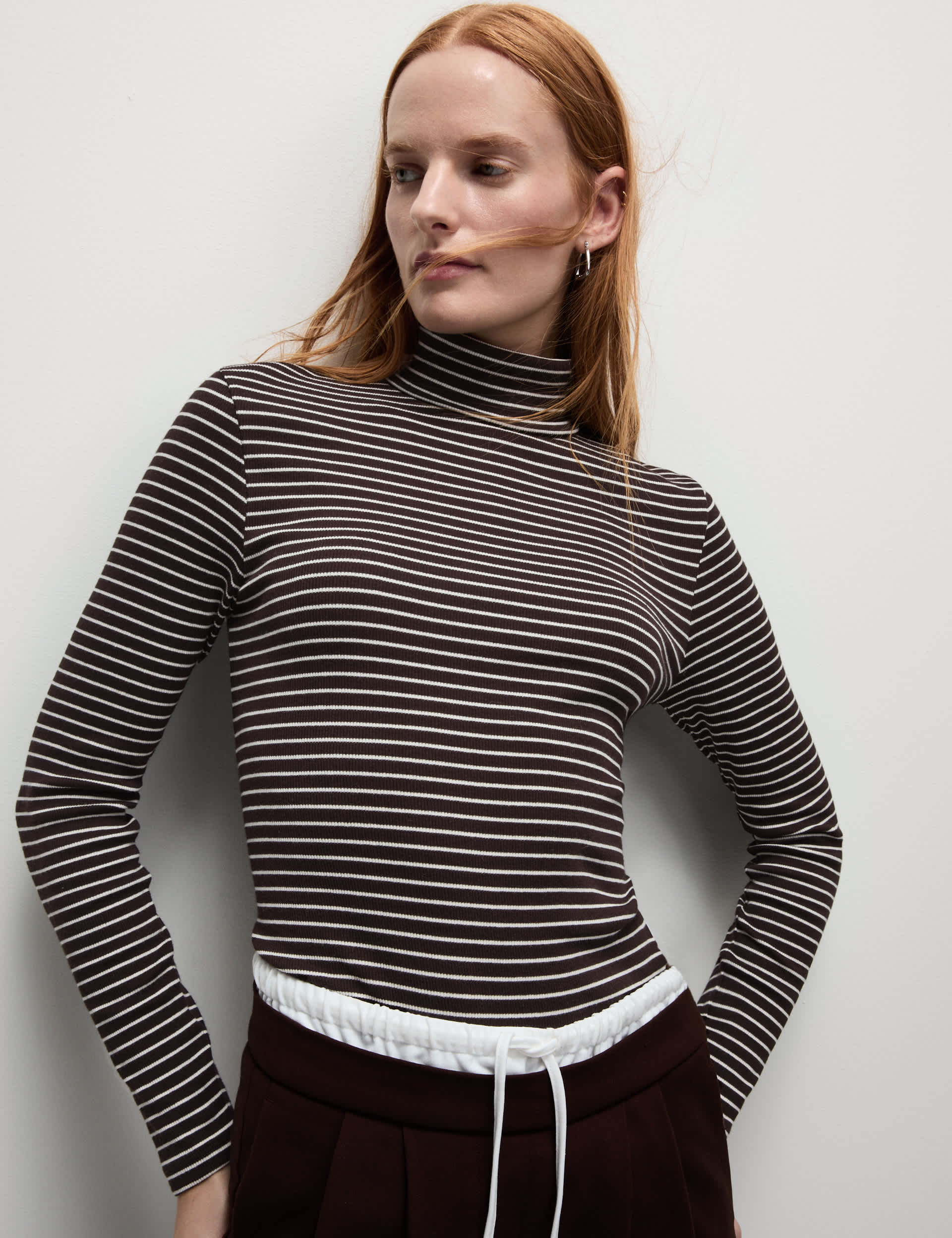 M&S Women's Cotton Rich Striped Funnel Neck Top - 12 - Brown Mix, Blue Mix,Brown Mix