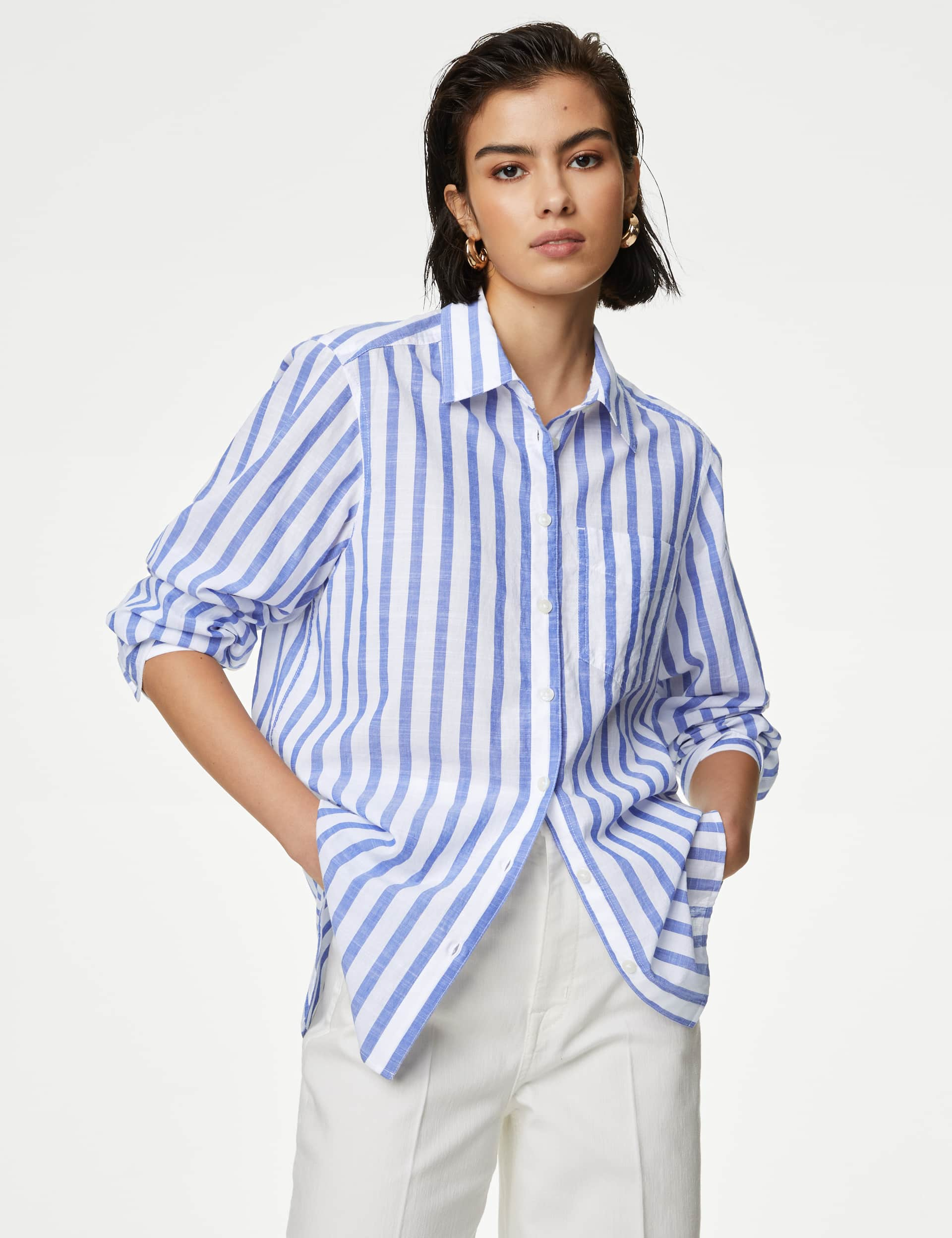 M&S Women's Pure Cotton Striped Shirt - 6REG - Blue Mix, Blue Mix,Pink Mix