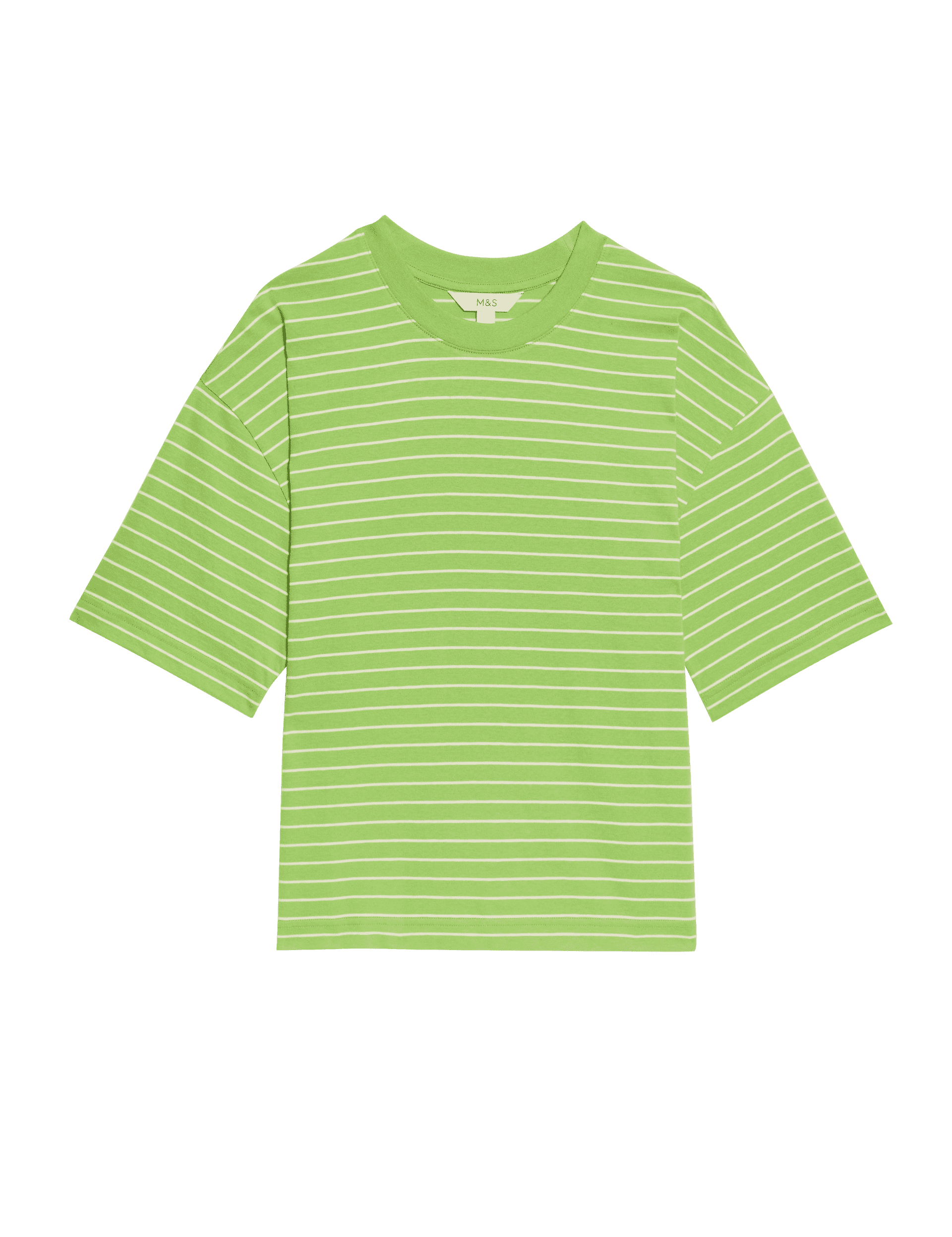 M&S Collection Women's Pure Cotton Relaxed Striped Boxy T-Shirt - 12 - Green Mix, Green Mix