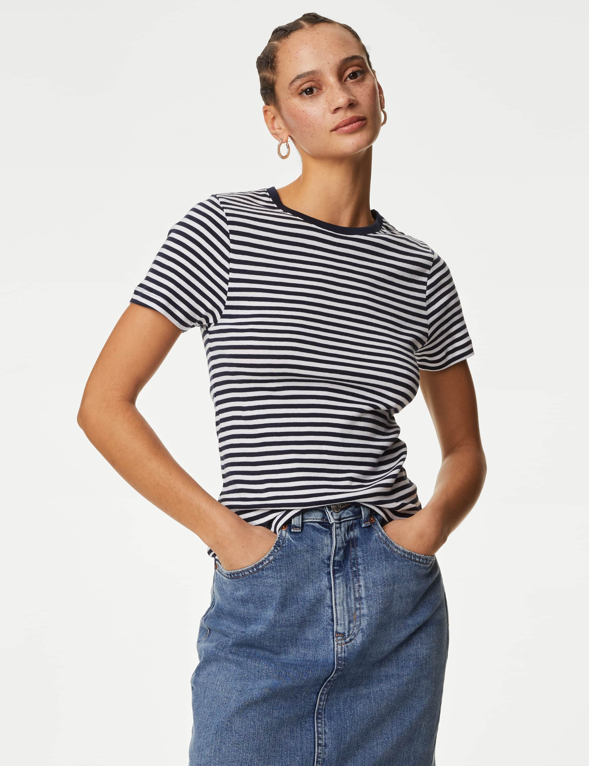 M&S Women's Pure Cotton Striped Slim Fit T-Shirt - 6 - Navy Mix, Navy Mix,Brown Mix,Blue Mix,Green M