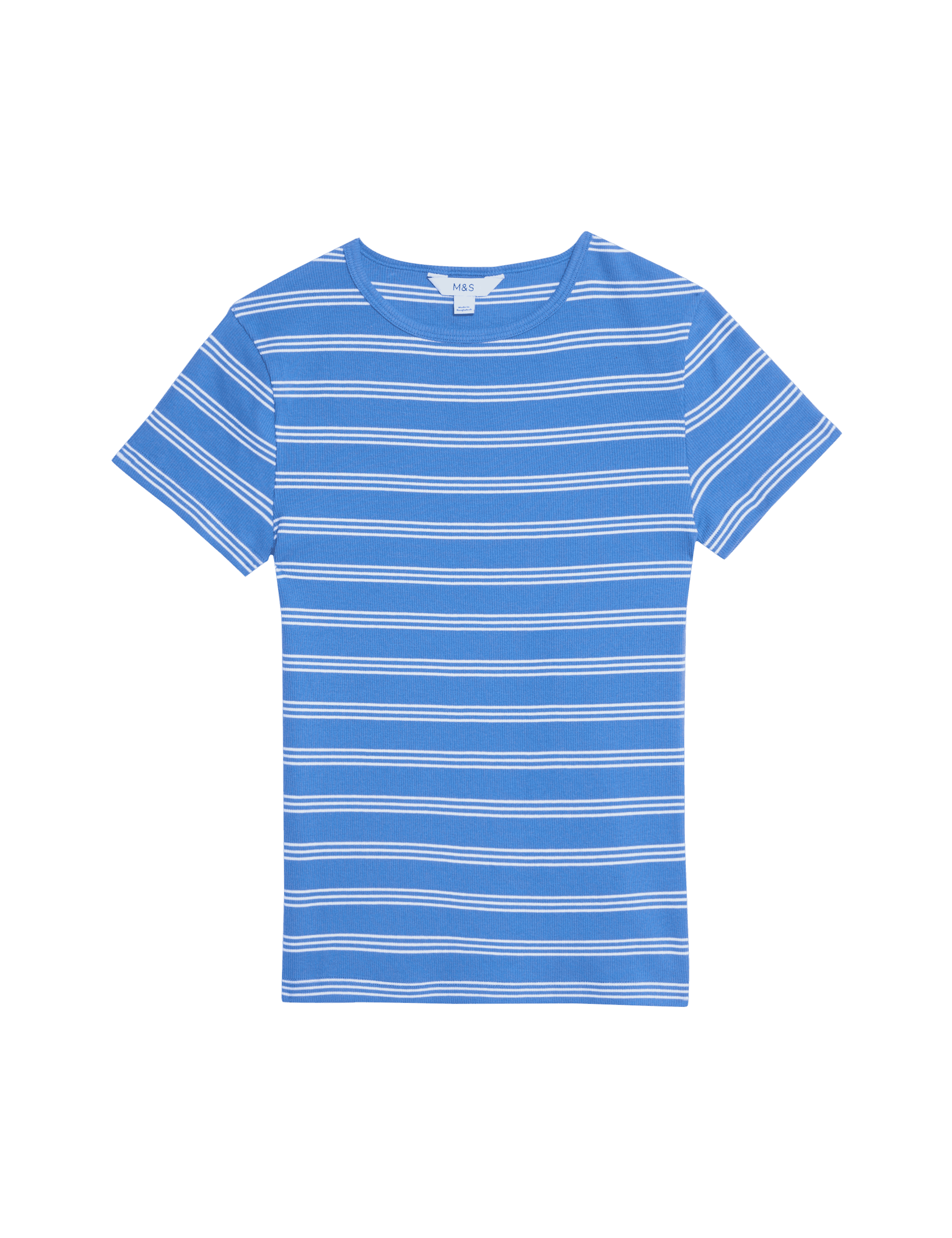 M&S Collection Women's Cotton Rich Striped Ribbed T-Shirt - 12 - Blue Mix, Green Mix,Blue Mix