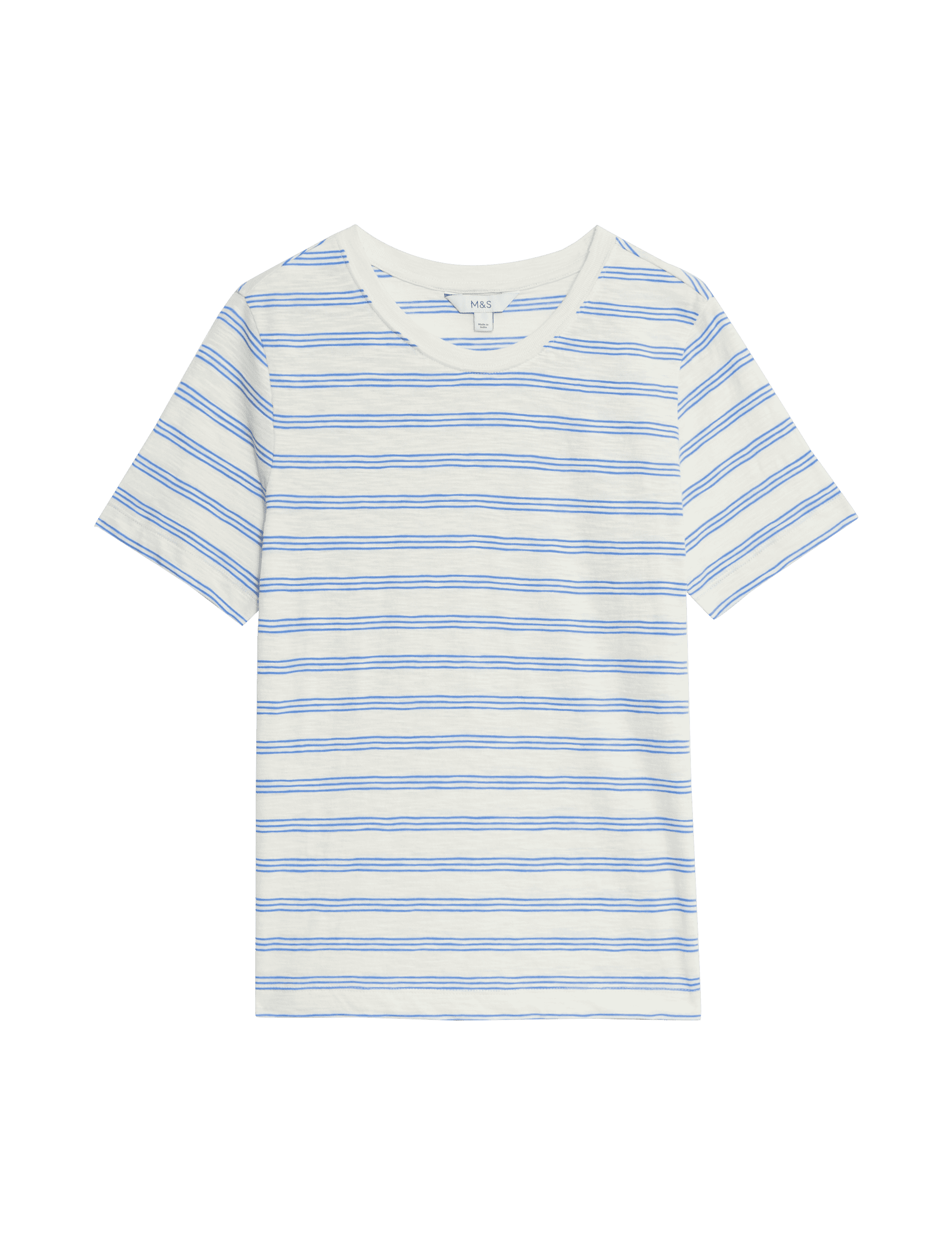 M&S Collection Women's Pure Cotton Striped Regular Fit T-Shirt - 14 - White Mix, Purple Mix,White Mi