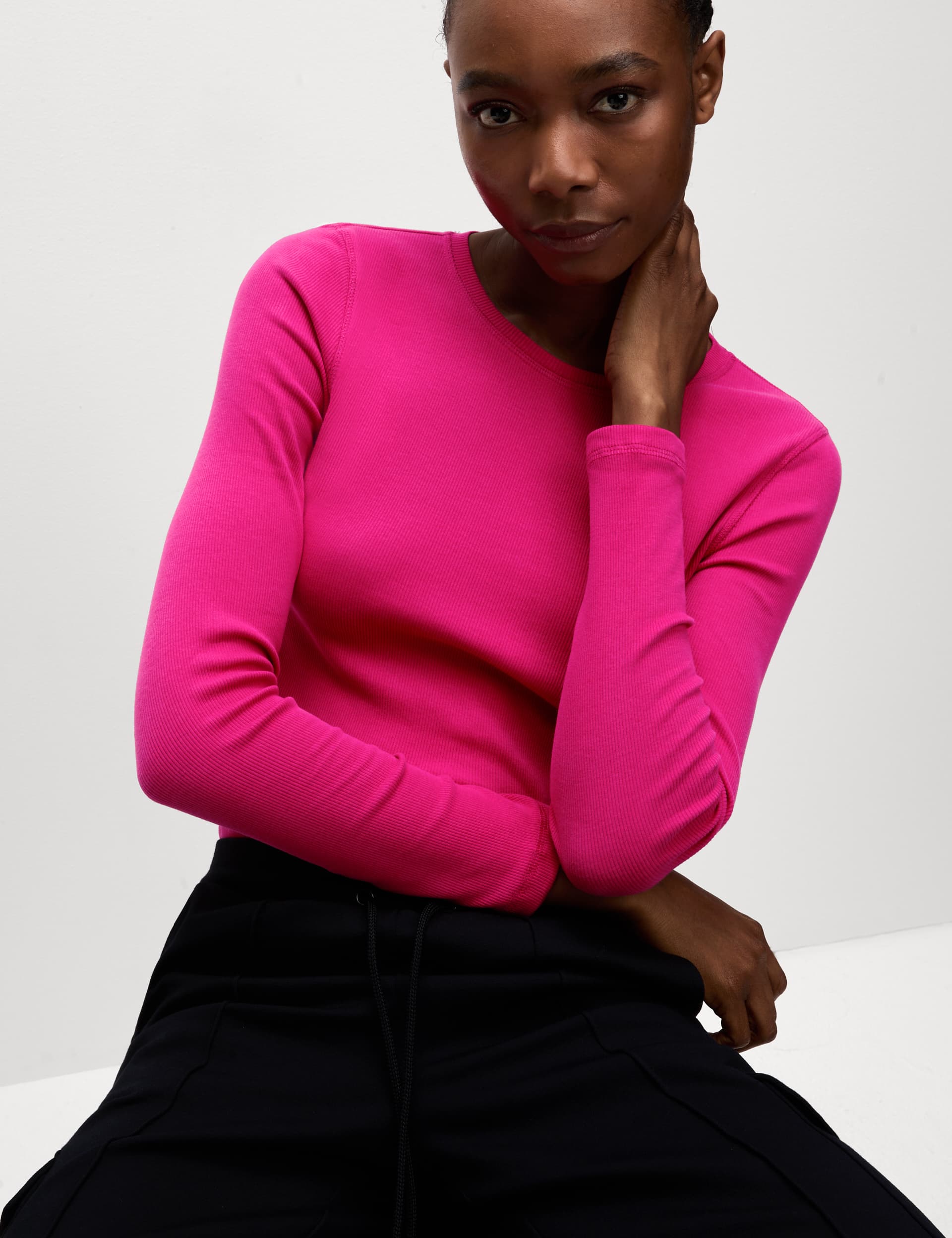 M&S Women's Cotton Rich Ribbed Top - 12 - Hot Pink, Black,Pistachio,Hot Pink,Soft White,Butterscotch