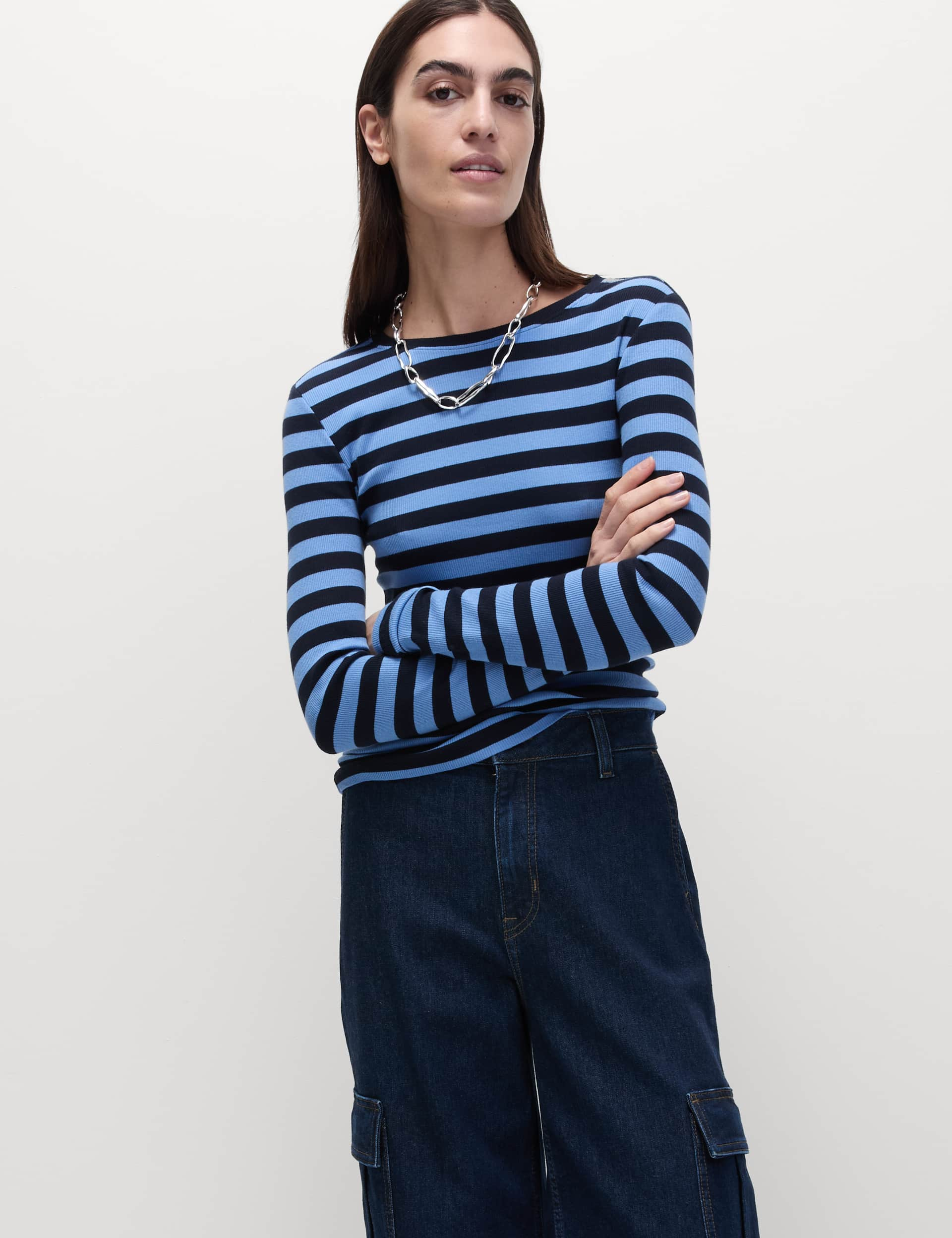 M&S Women's Cotton Rich Striped Ribbed Top - 12 - Dark Blue Mix, Navy Mix,White Mix,Dark Blue Mix