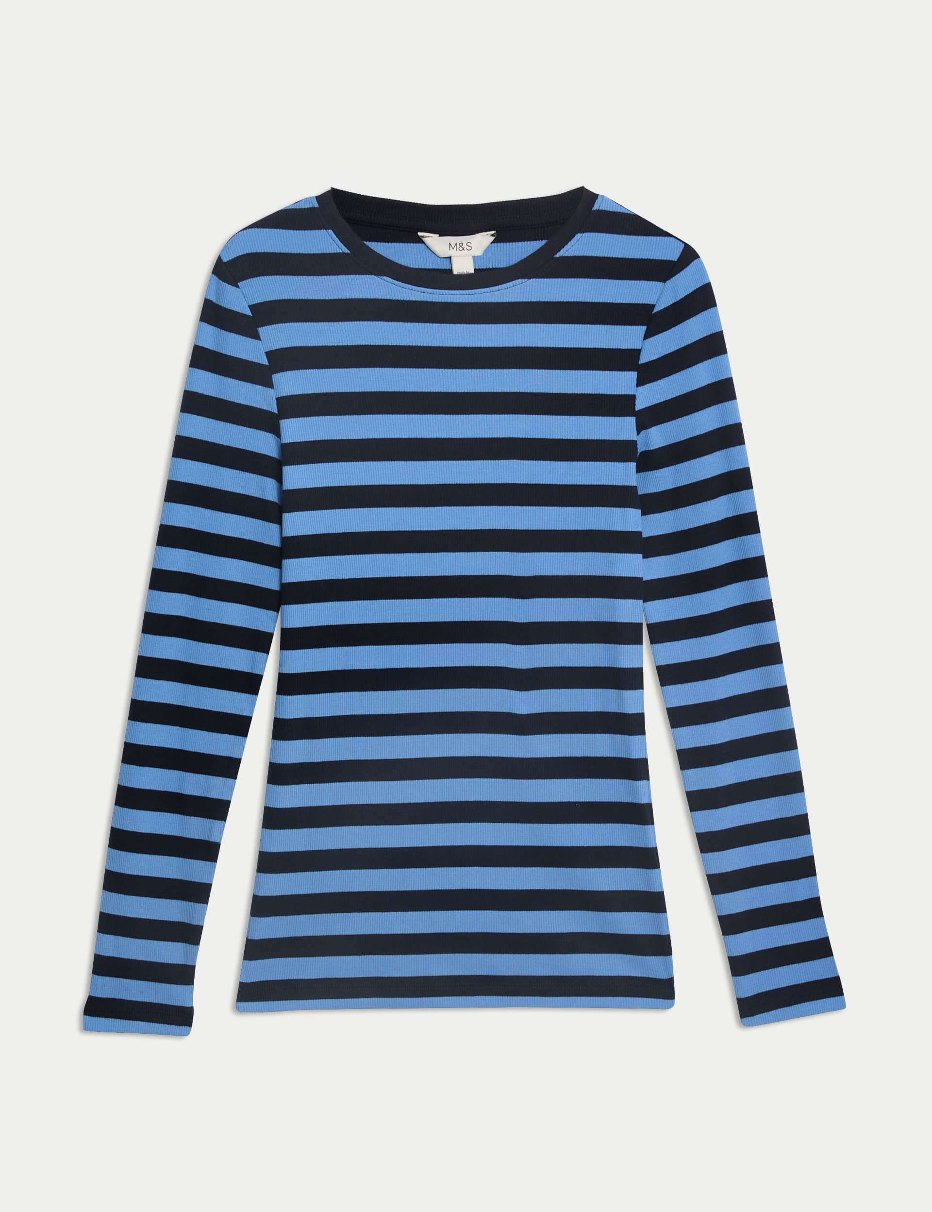 M&S Women's Cotton Rich Striped Ribbed Top - 12 - Dark Blue Mix, White Mix,Dark Blue Mix,Navy Mix