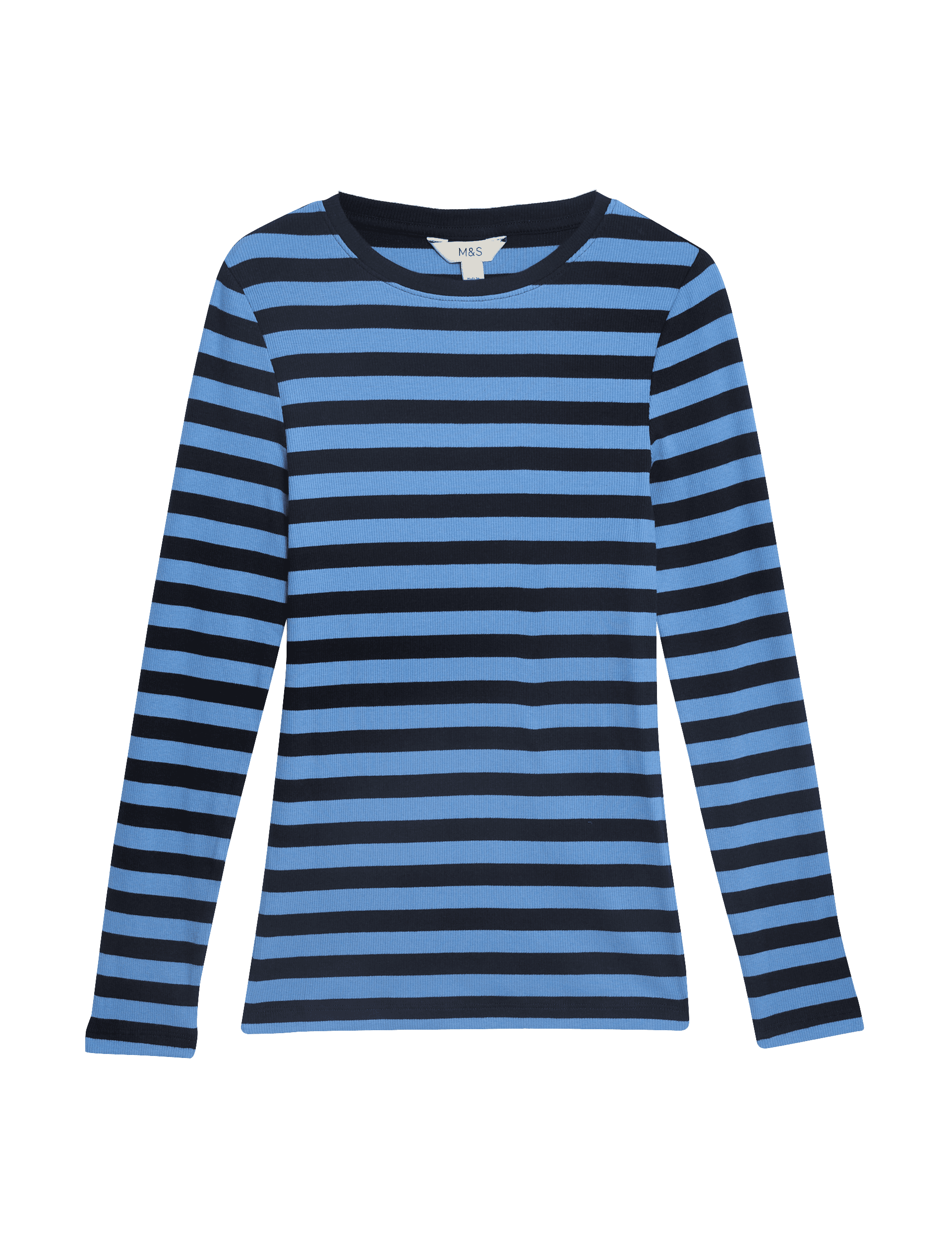 M&S Collection Women's Cotton Rich Striped Ribbed Top - 12 - Dark Blue Mix, White Mix,Dark Blue Mix,