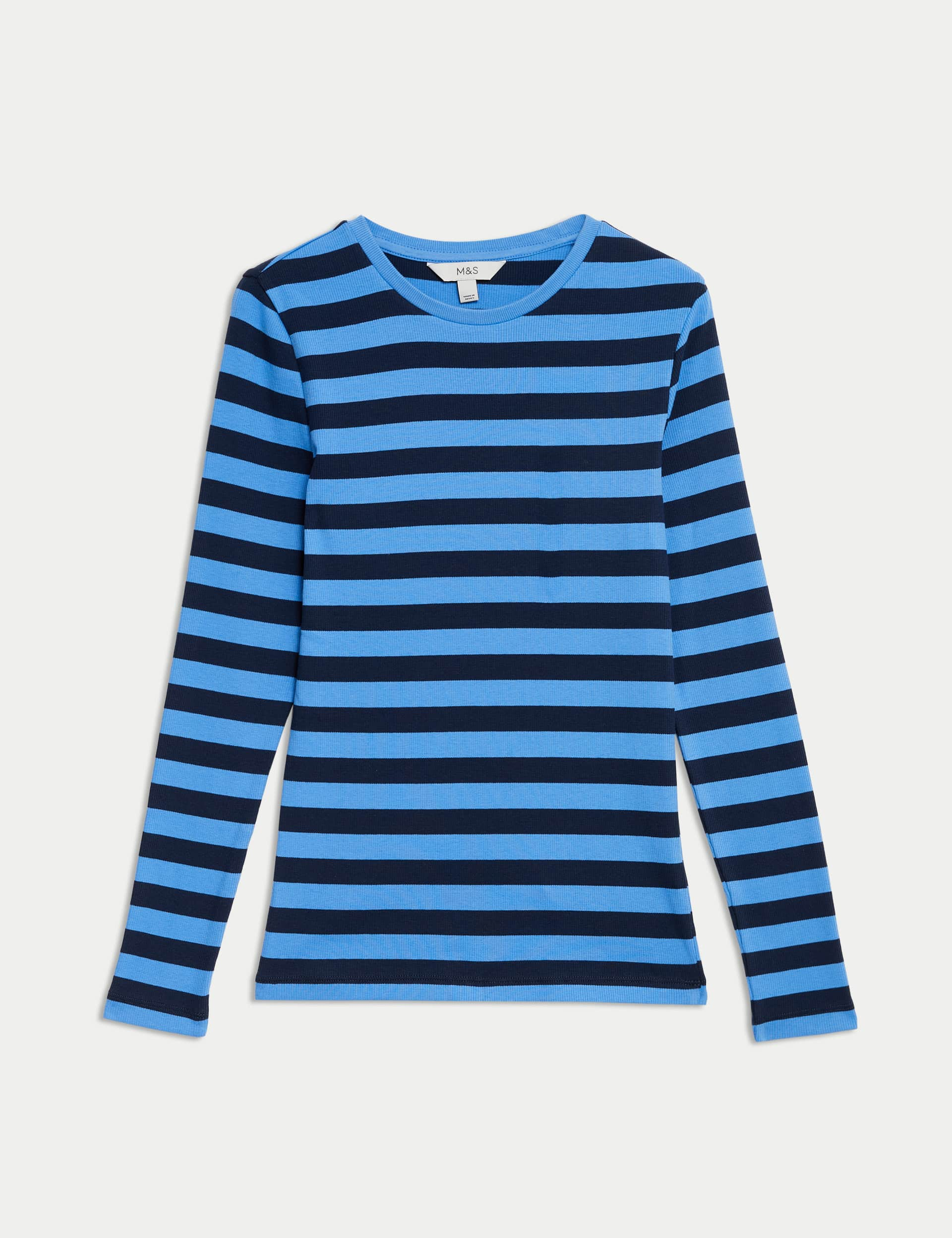 M&S Women's Cotton Rich Striped Ribbed Top - 12 - Navy Mix, Navy Mix,White Mix