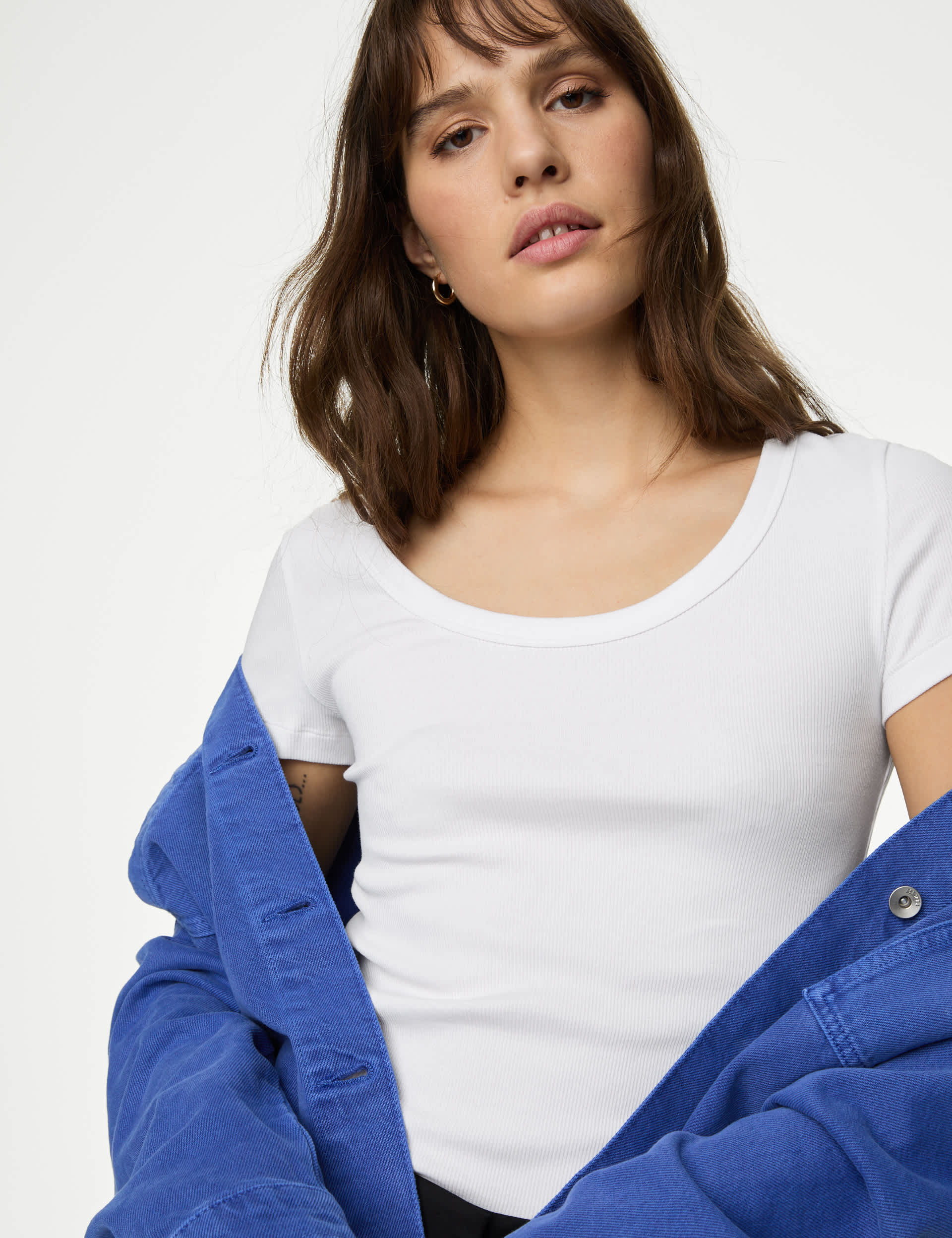 M&S Women's Cotton Rich Slim Ribbed Scoop Neck T-shirt