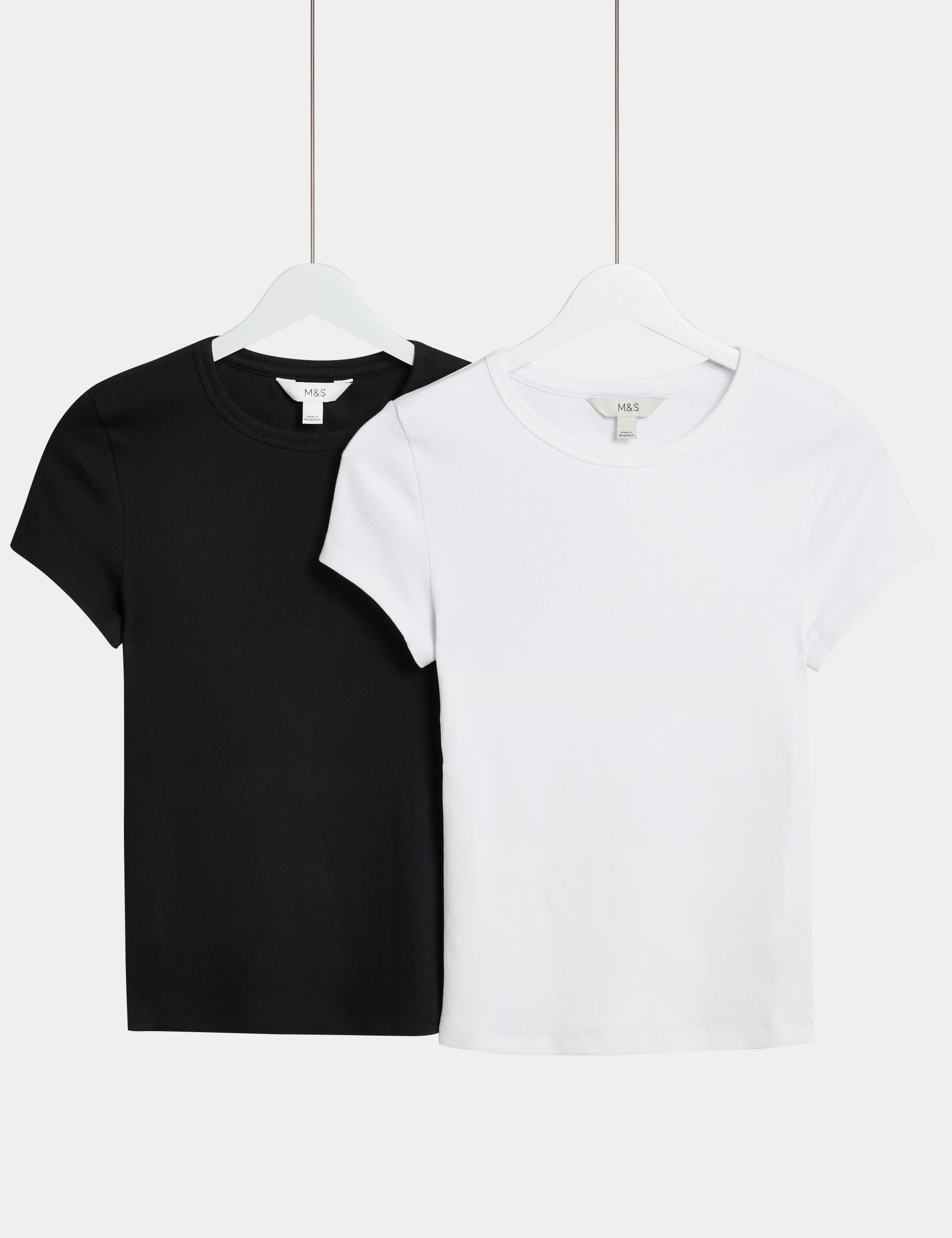 M&S Women's 2pk Cotton Rich Slim Ribbed T-Shirts - 16 - Black/White, Black/White