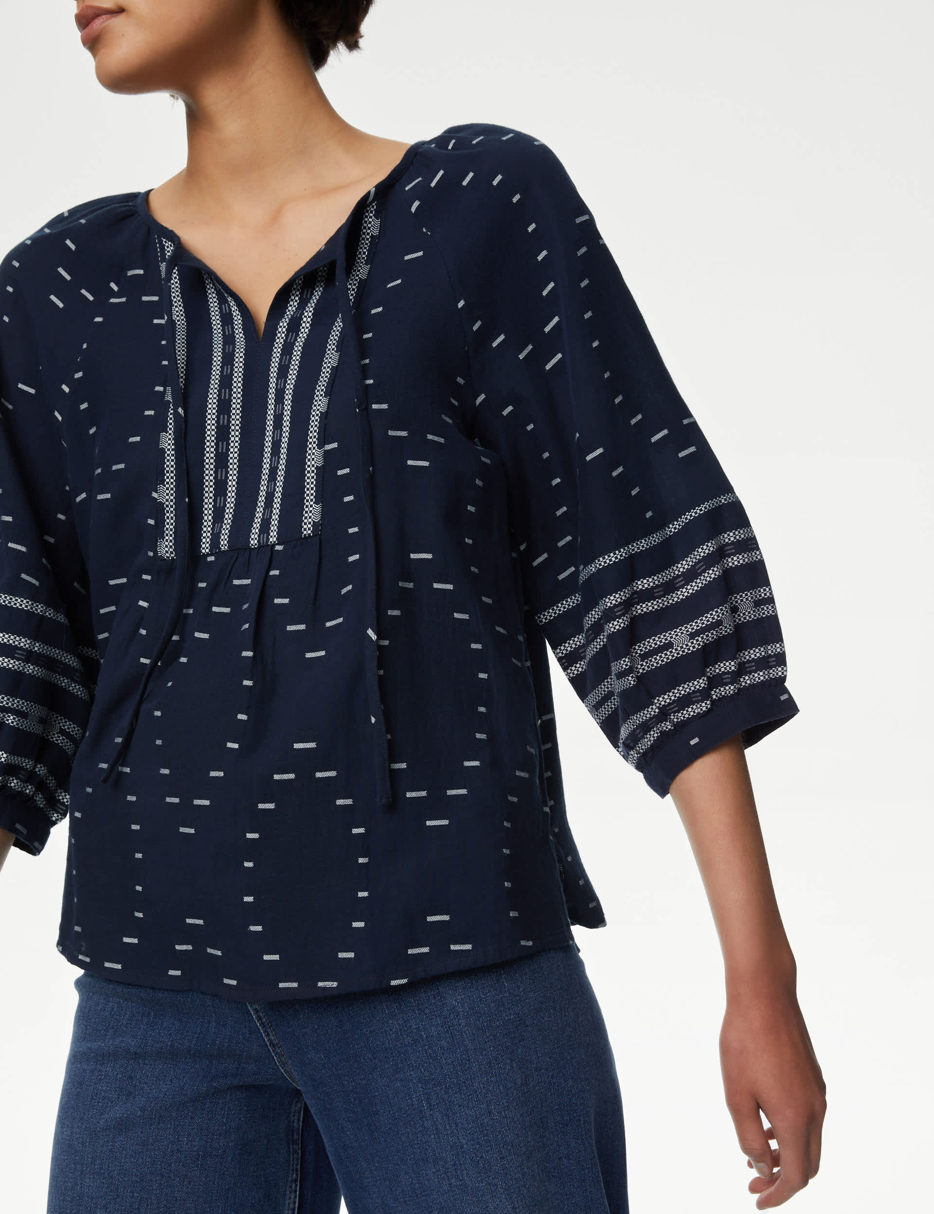 M&S Women's Cotton Rich Jacquard Tie Neck Popover Blouse
