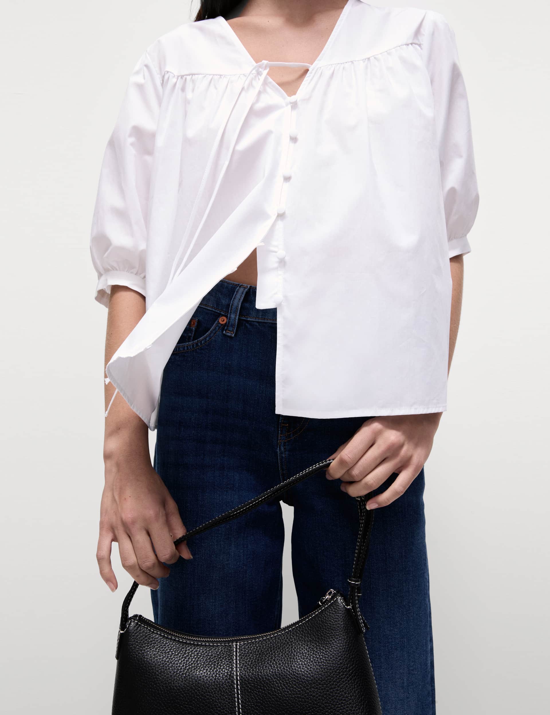 M&S Women's Pure Cotton V-Neck Puff Sleeve Blouse