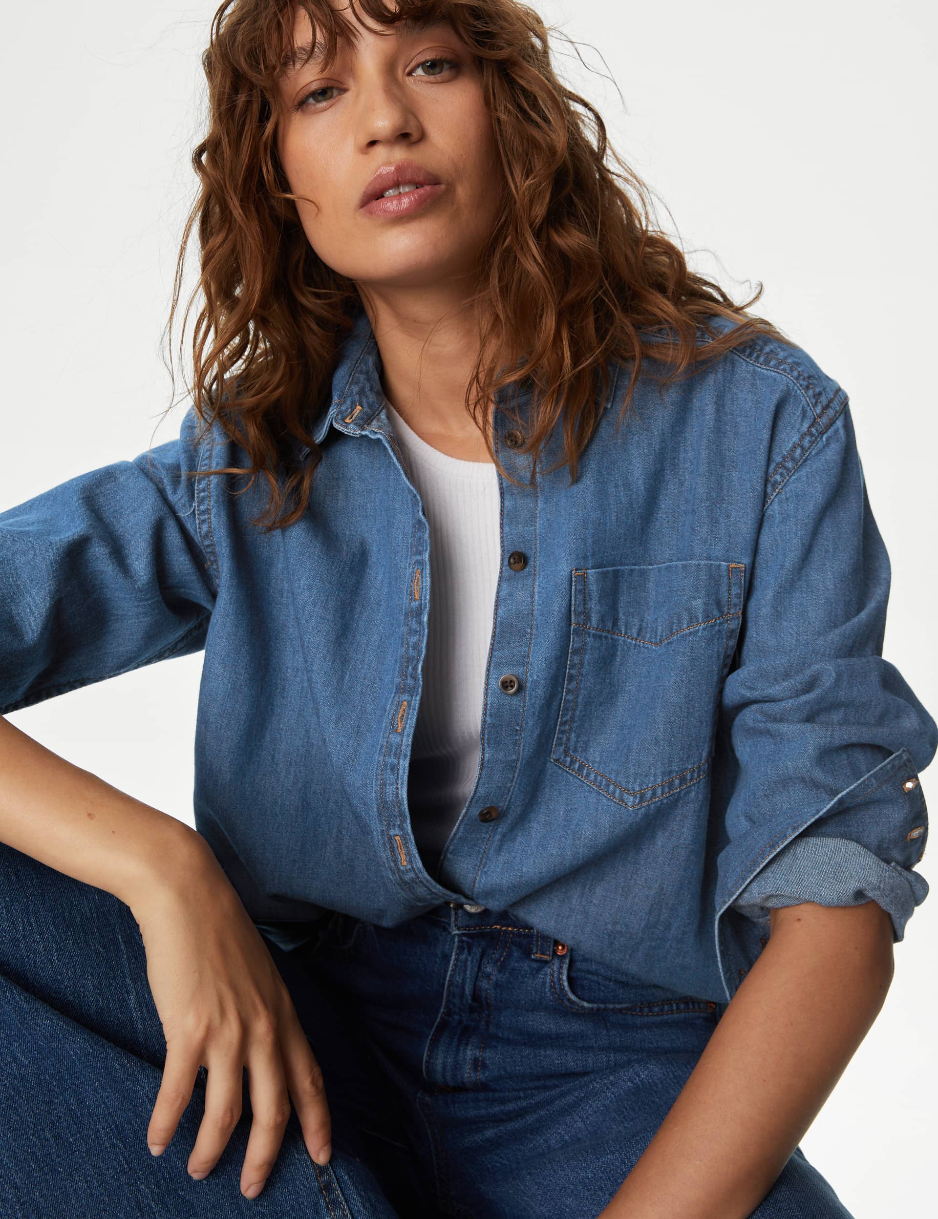 M&S Women's Pure Cotton Denim Longline Shirt