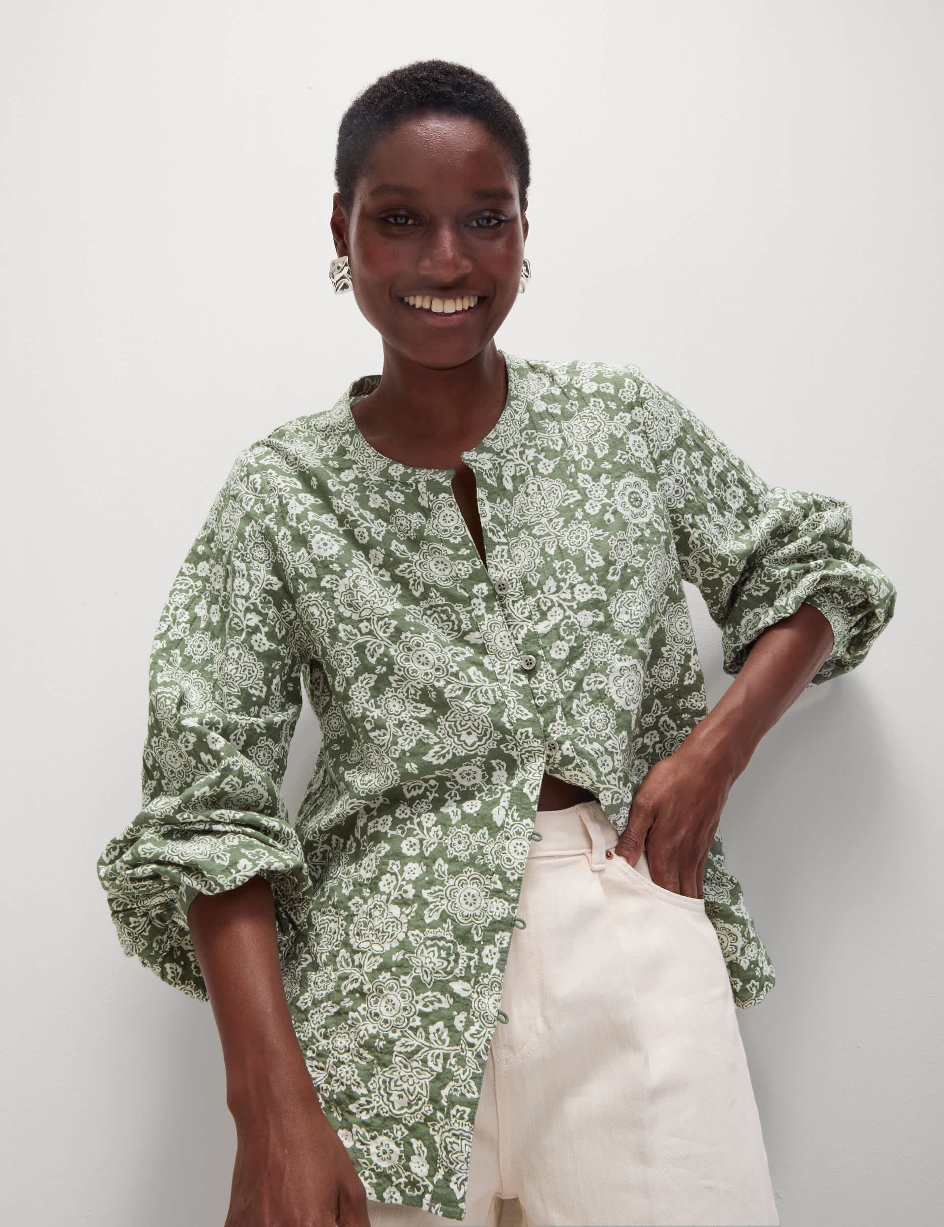 M&S Women's Cotton Rich Printed Button Through Blouse