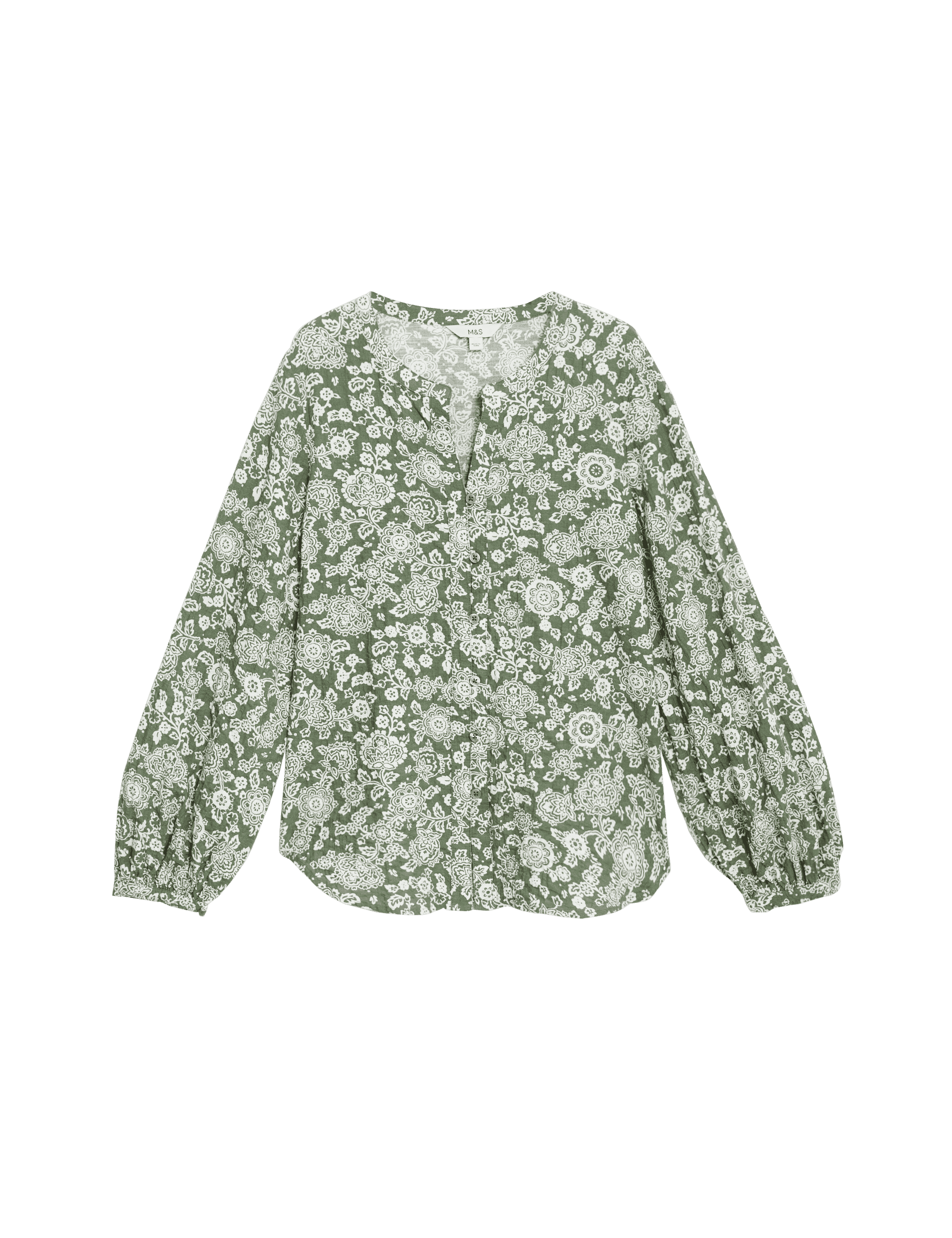 M&S Collection Women's Cotton Rich Printed Button Through Blouse - 6REG - Green Mix, Green Mix