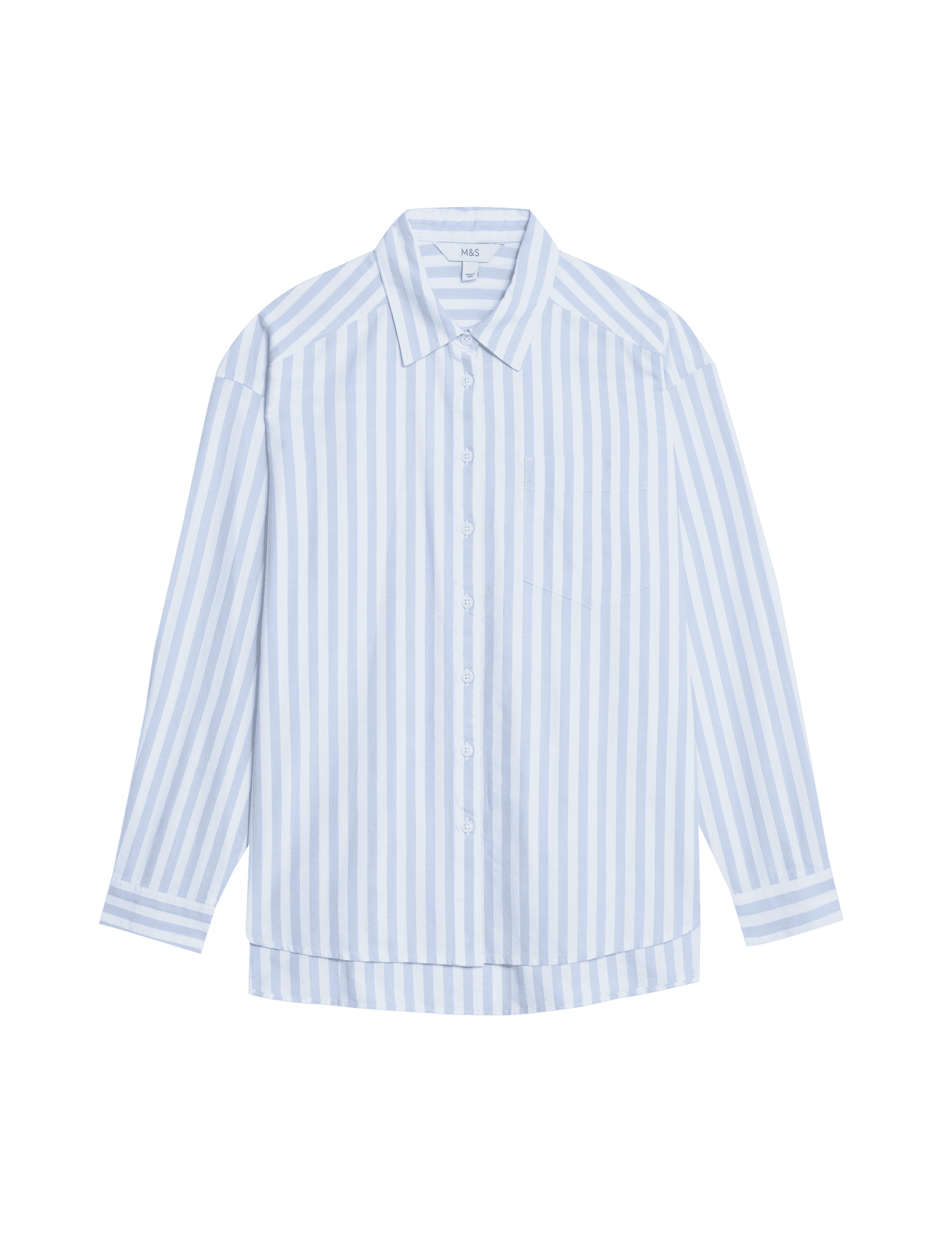 M&S Collection Women's Pure Cotton Striped Oversized Shirt - 14REG - Light Blue Mix, Light Blue Mix,