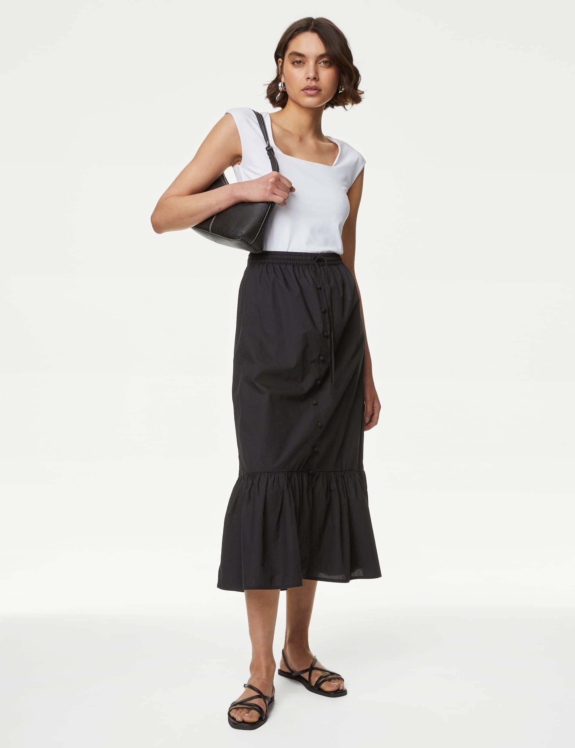 M&S Women's Pure Cotton Button Front Midi Tiered Skirt - 12PET - Black, Black,Medium Green