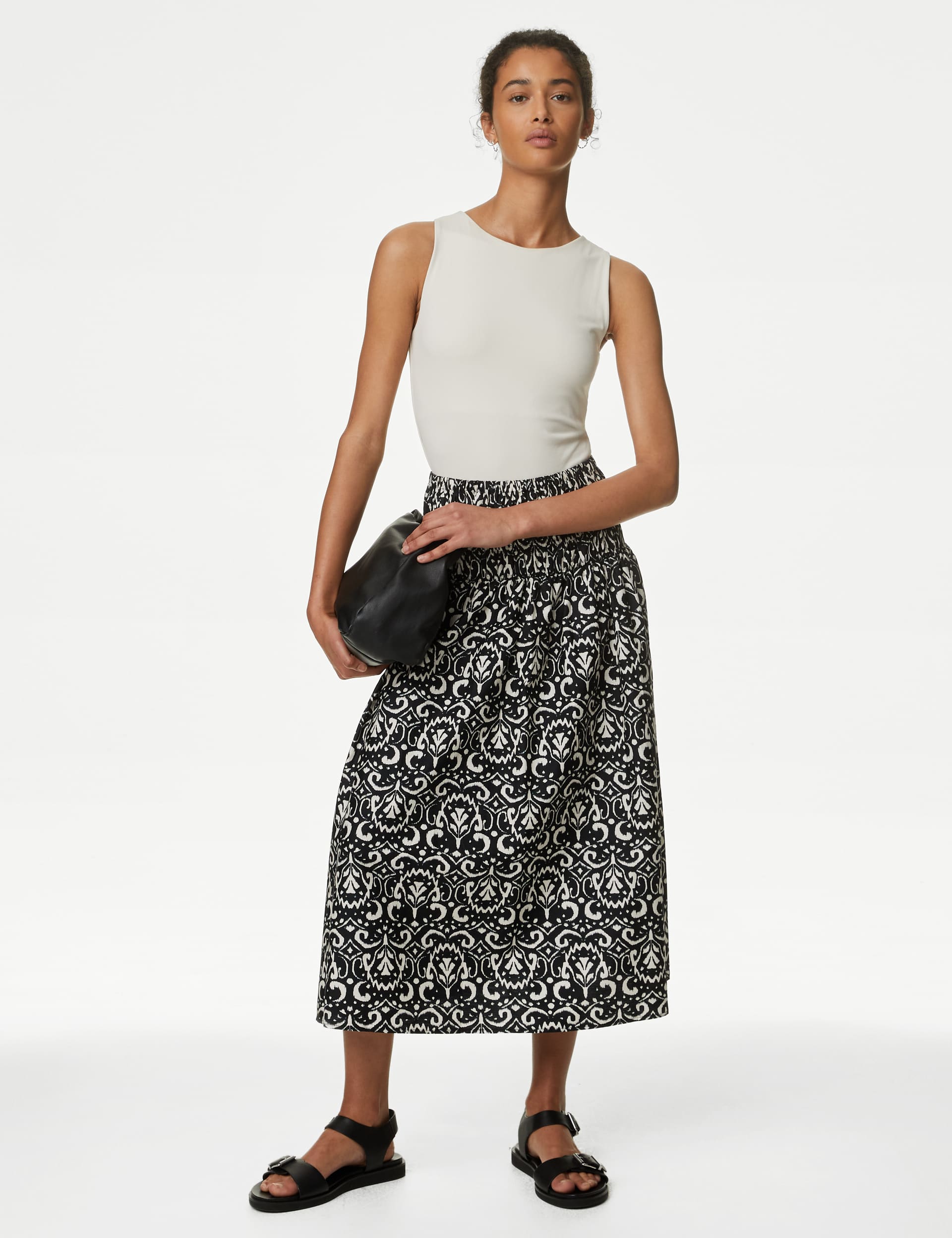 M&S Women's Printed Shirred Midi A-Line Skirt