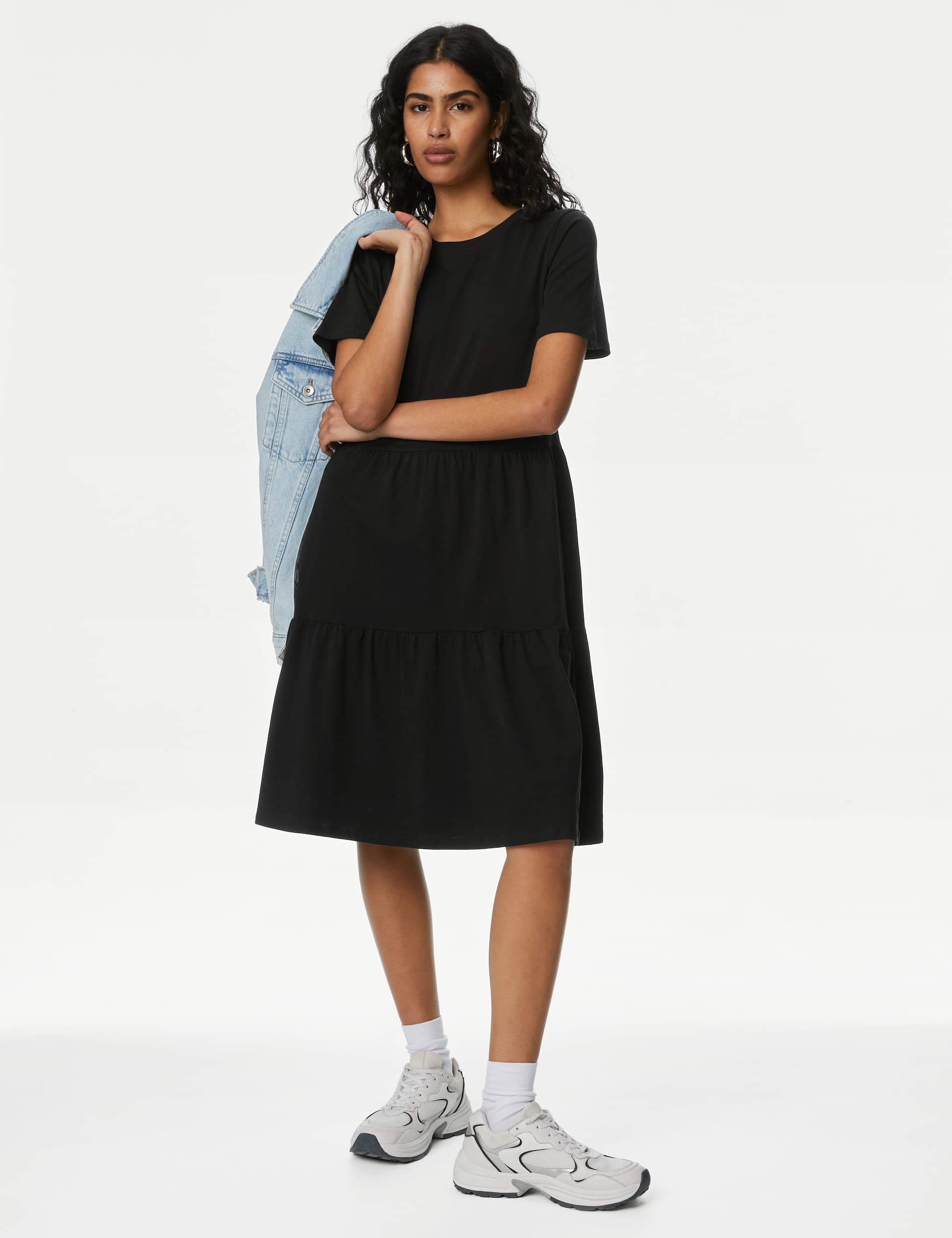 M&S Pure Cotton Jersey Knee Length Tiered Dress - 8Reg - Black, Black