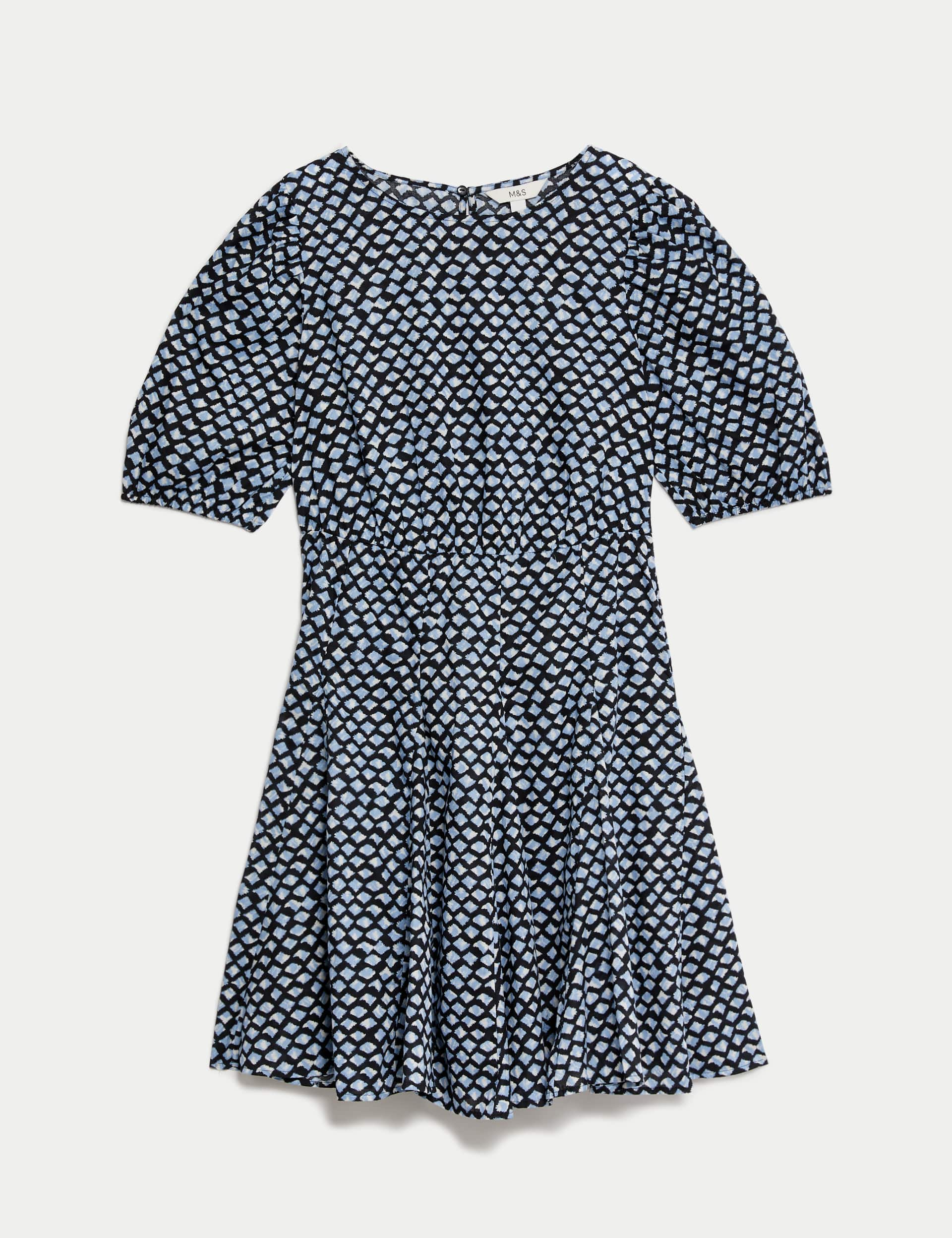 M&S Women's Pure Cotton Printed Mini Waisted Dress - 14REG - Navy Mix, Pink Mix,Navy Mix