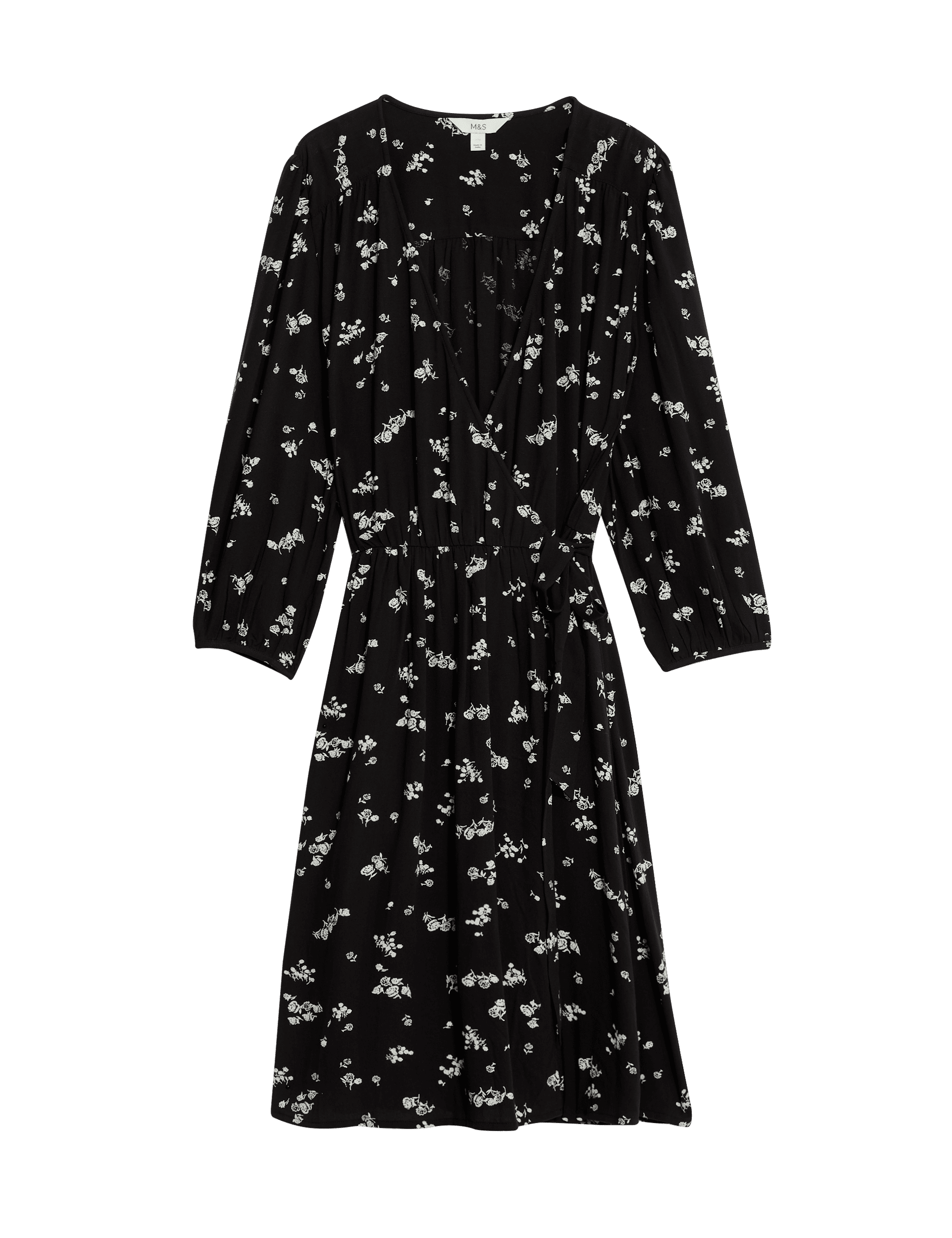 M&S Collection Women's Printed V-Neck Knee Length Wrap Dress - 14REG - Black Mix, Black Mix,Brown Mi