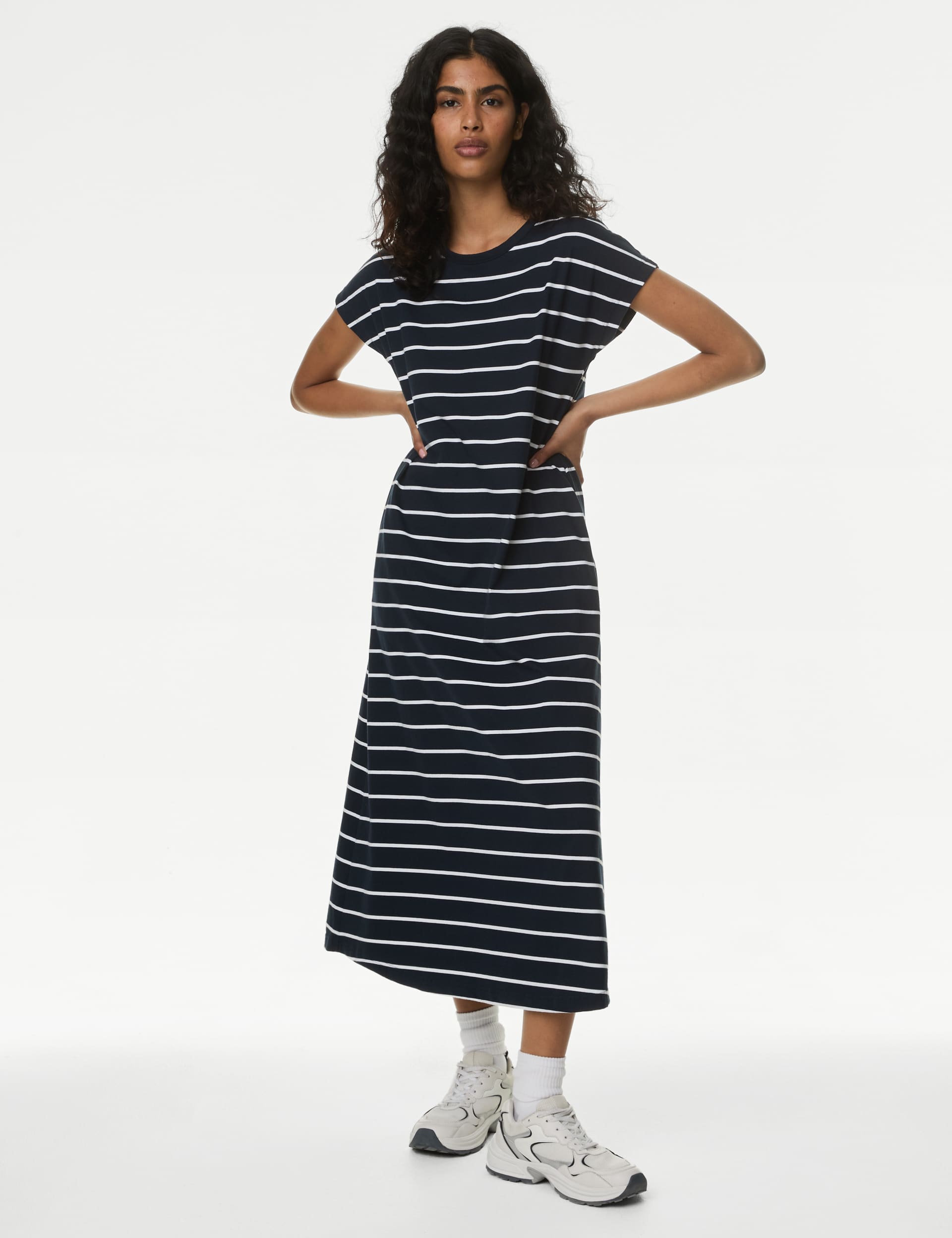 M&S Women's Pure Cotton Striped Midaxi T-Shirt Dress - 10REG - Navy Mix, Navy Mix