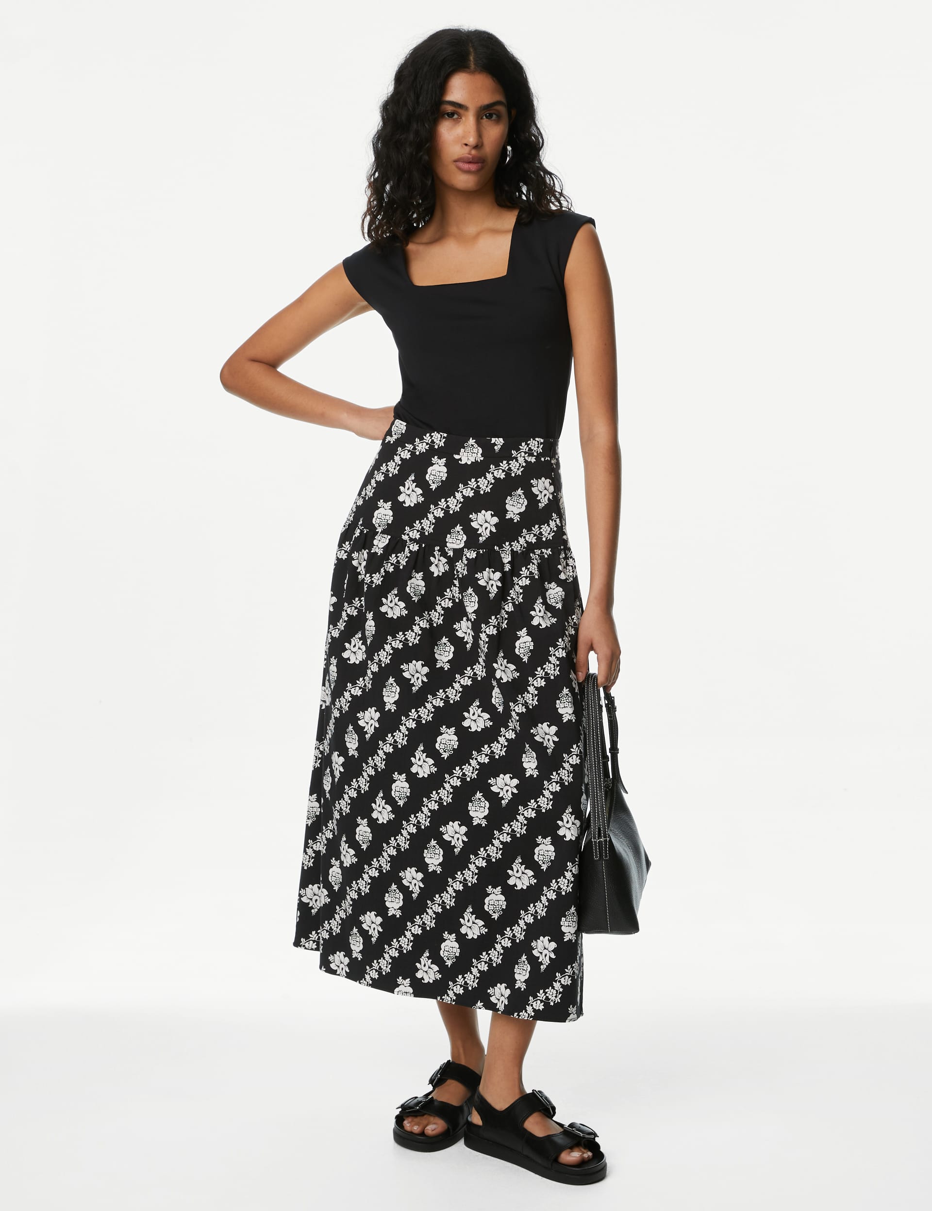 M&S Women's Pure Cotton Printed Midi Circle Skirt - 14REG - Black Mix, Black Mix