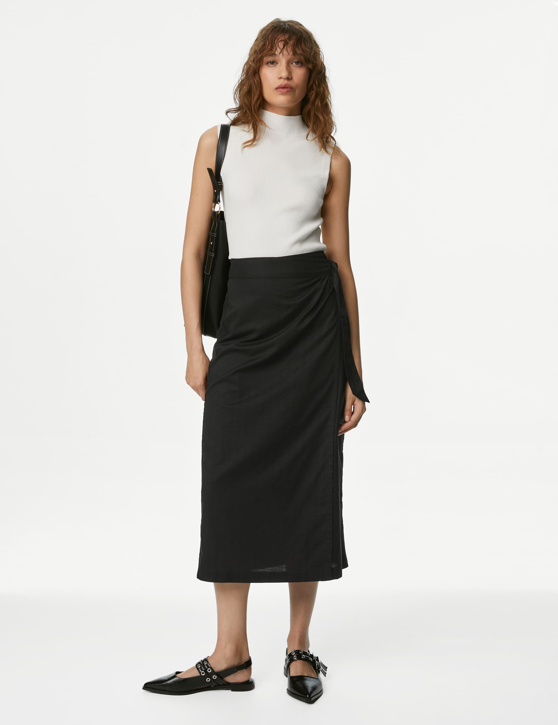 M&S Women's Pure Cotton Belted Midi Wrap Skirt