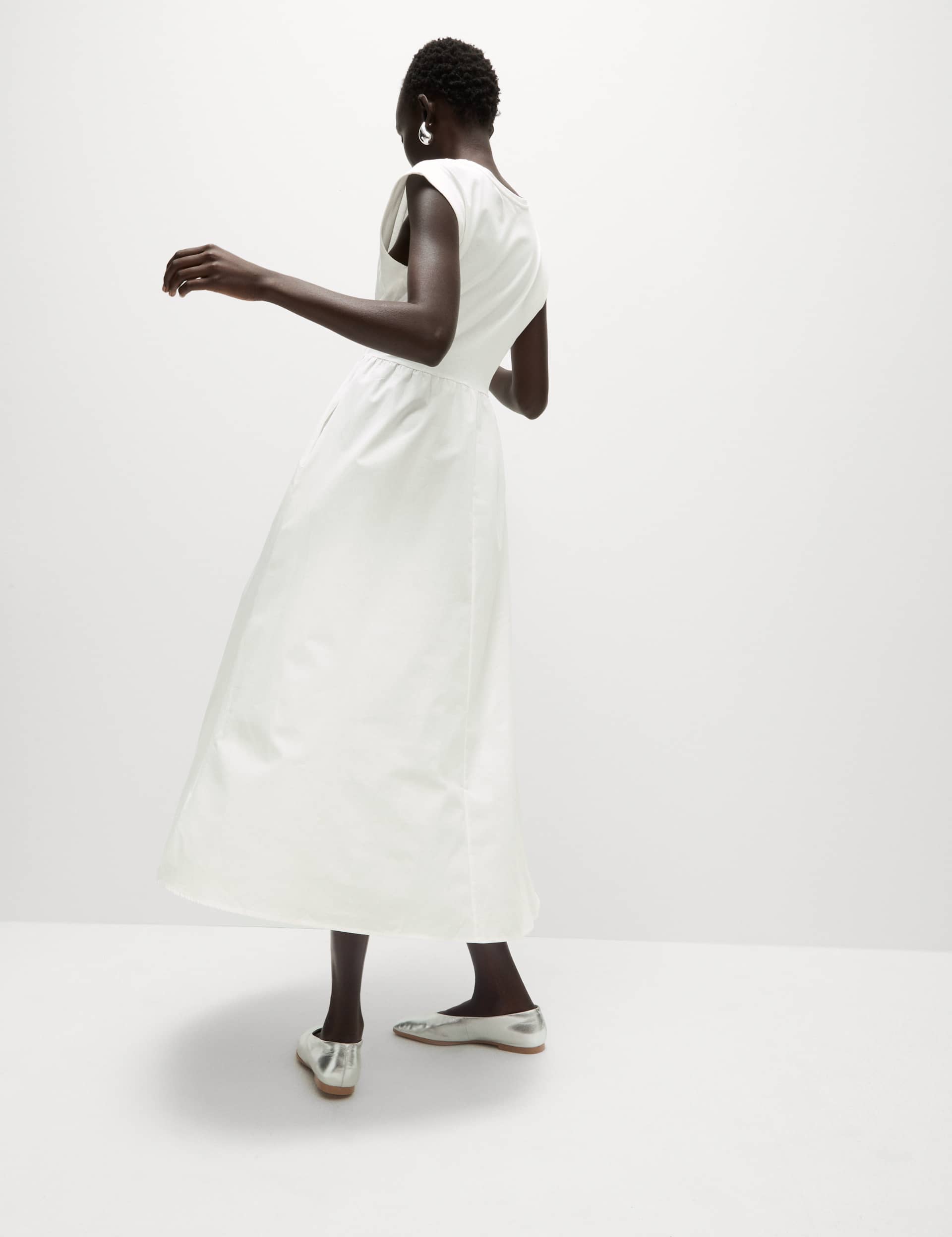 M&S Women's Jersey Woven Mix Round Neck Midi Dress