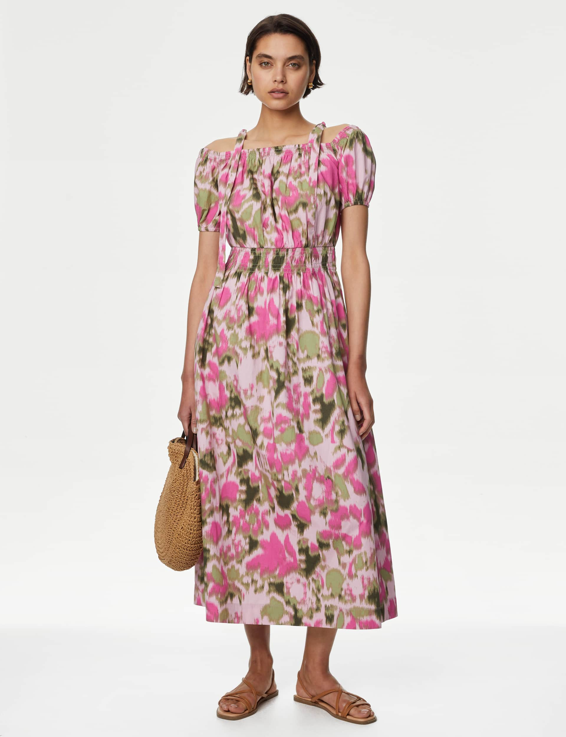 M&S Women's Pure Cotton Floral Midi Waisted Dress - 14REG - Pink Mix, Pink Mix