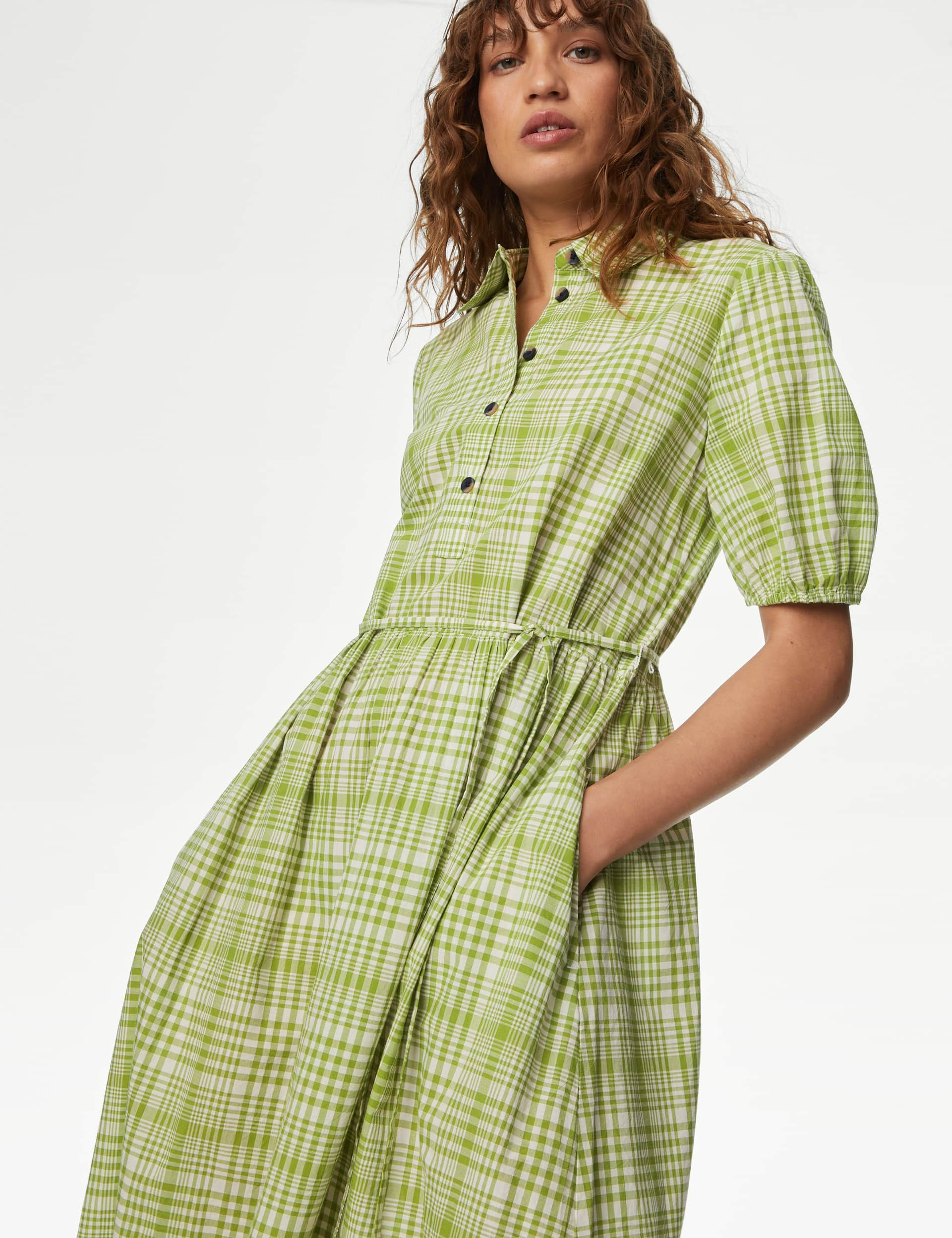 M&S Women's Pure Cotton Checked Midi Shirt Dress - 14REG - Green Mix, Green Mix