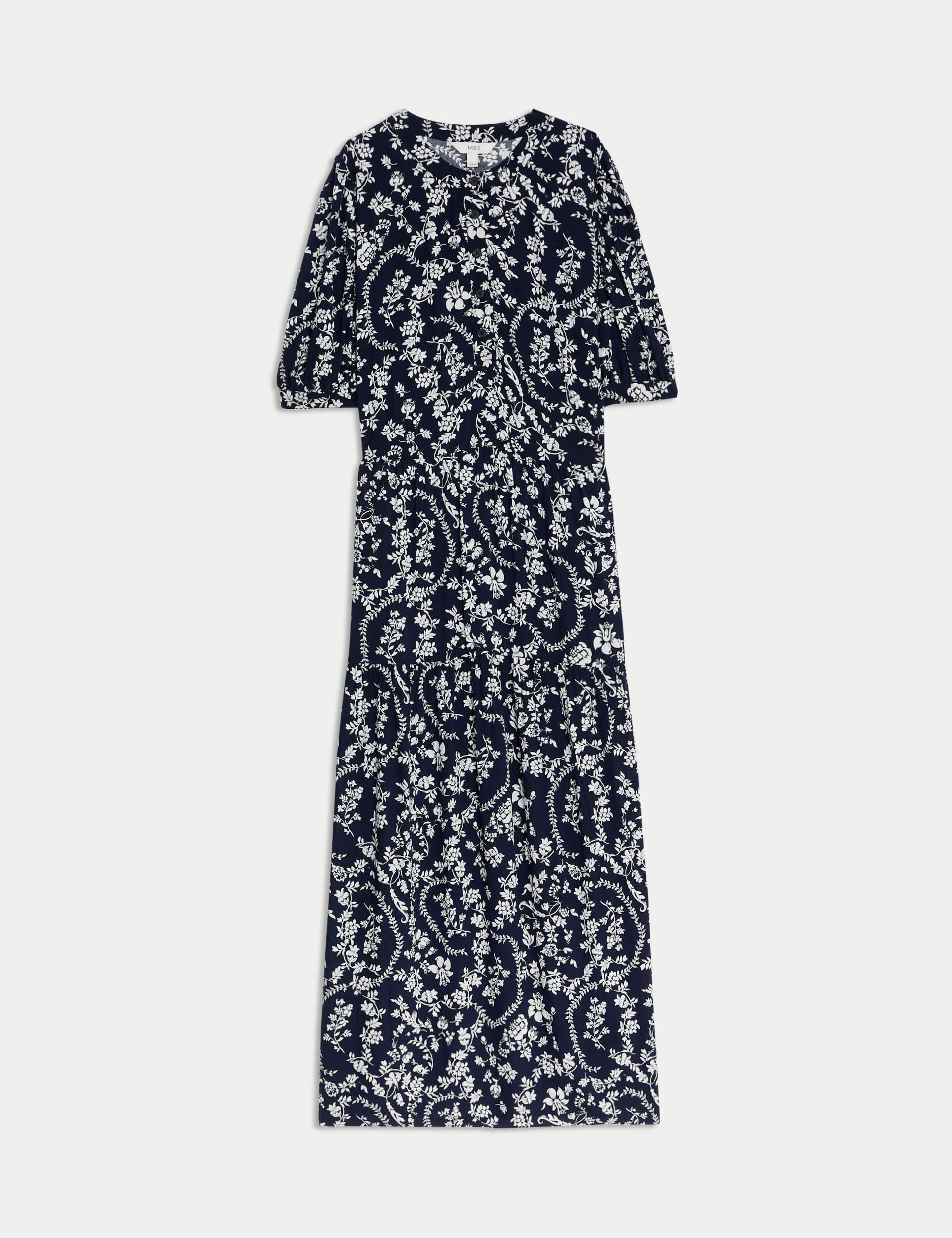 M&S Women's Floral Button Front Midi Tiered Dress - 14REG - Navy Mix, Navy Mix,Green Mix