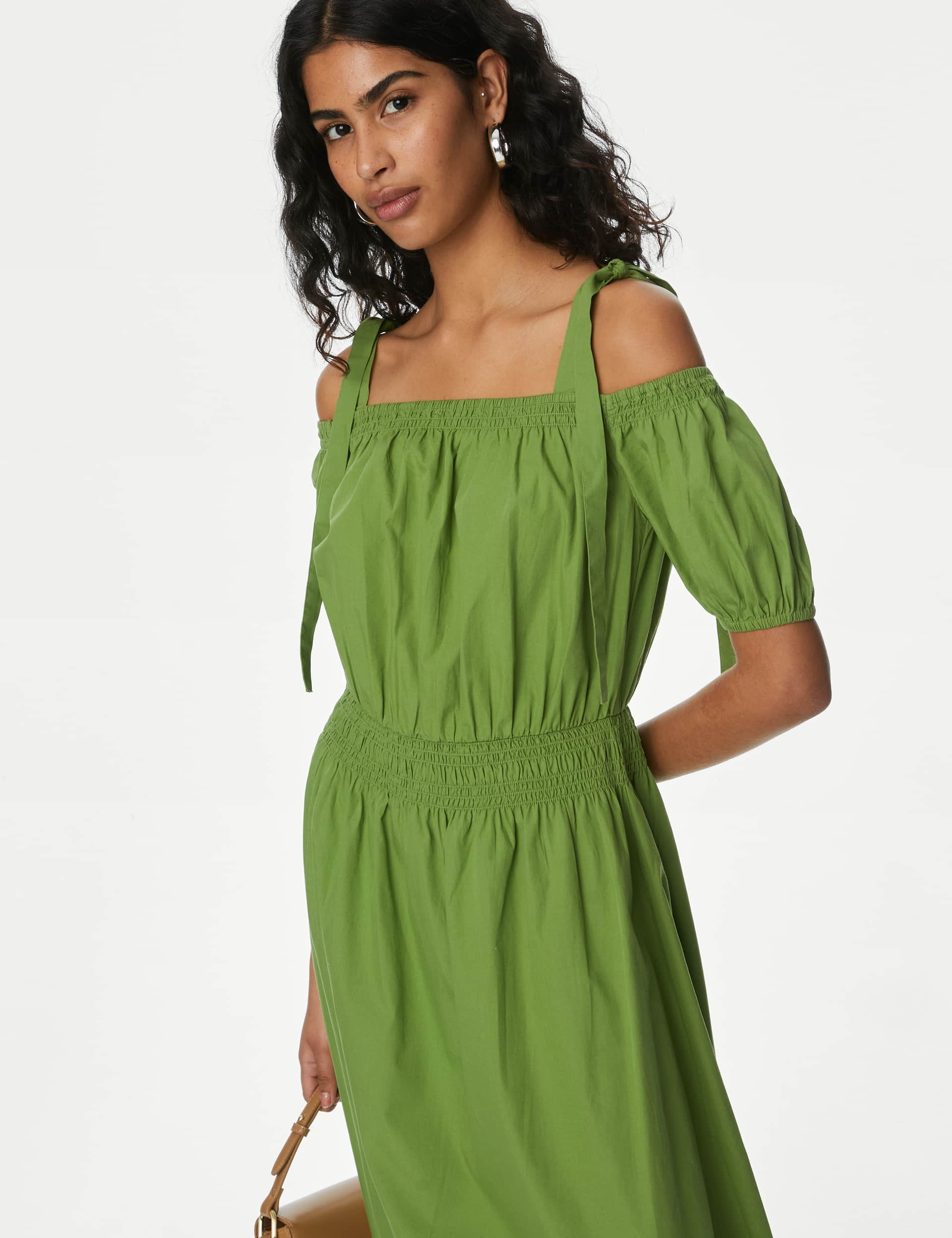 M&S Women's Pure Cotton Puff Sleeve Midi Waisted Dress - 16REG - Bright Green, Bright Green