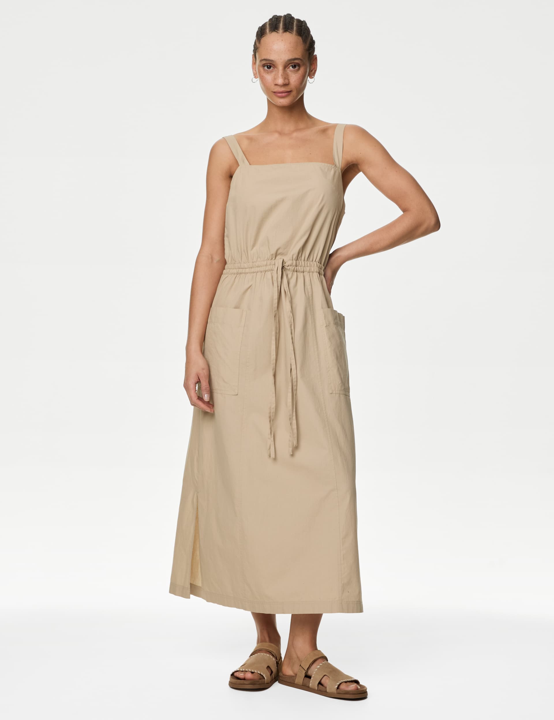 M&S Women's Pure Cotton Square Neck Relaxed Midi Slip Dress - 16REG - Buff, Buff