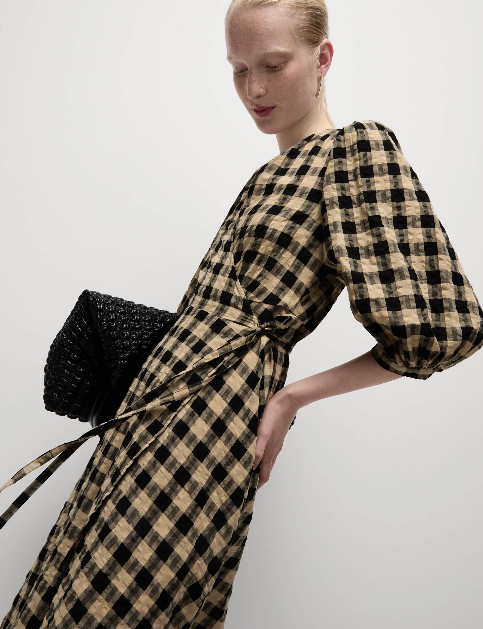 M&S Women's Pure Cotton Checked V-Neck Midi Wrap Dress